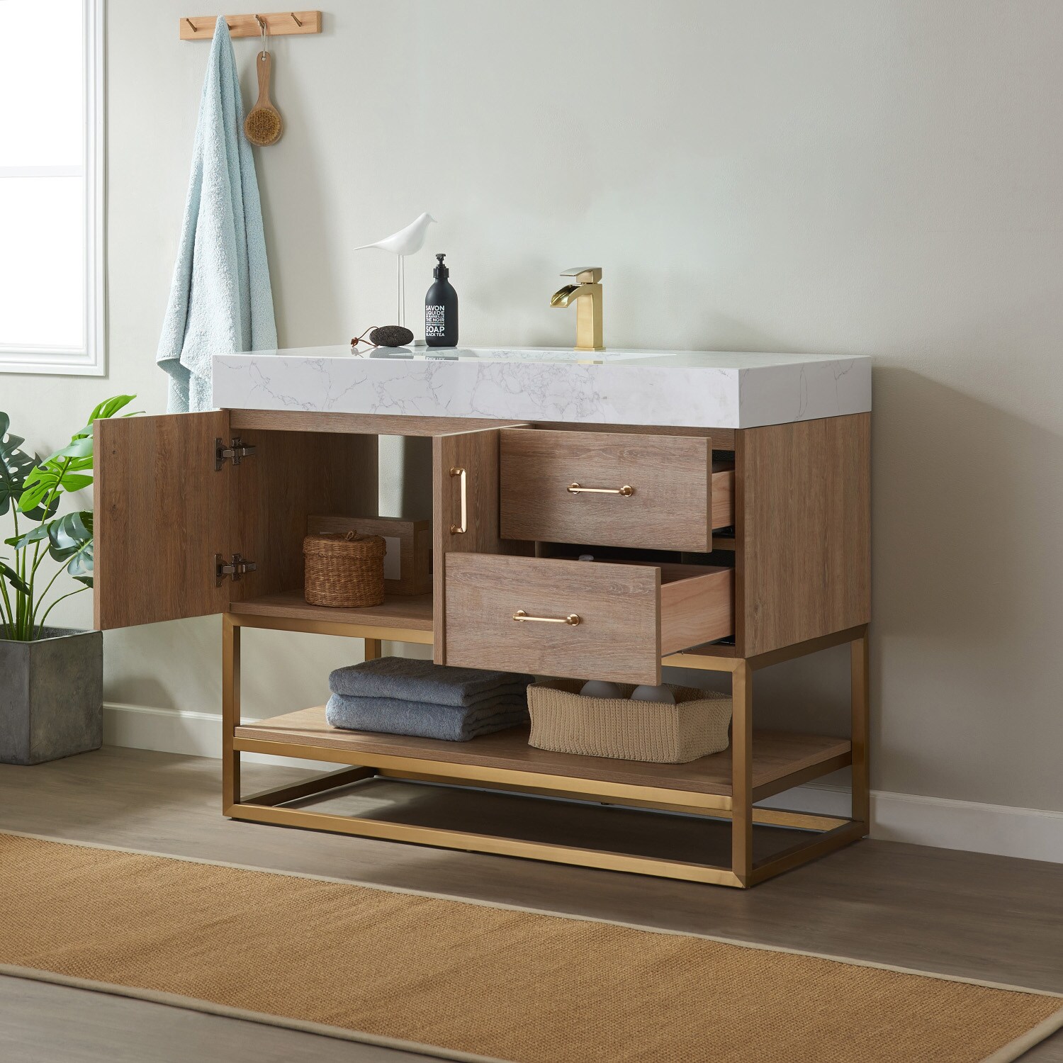 42" Oak Vanity with White Stone Top and Brushed Gold Trim