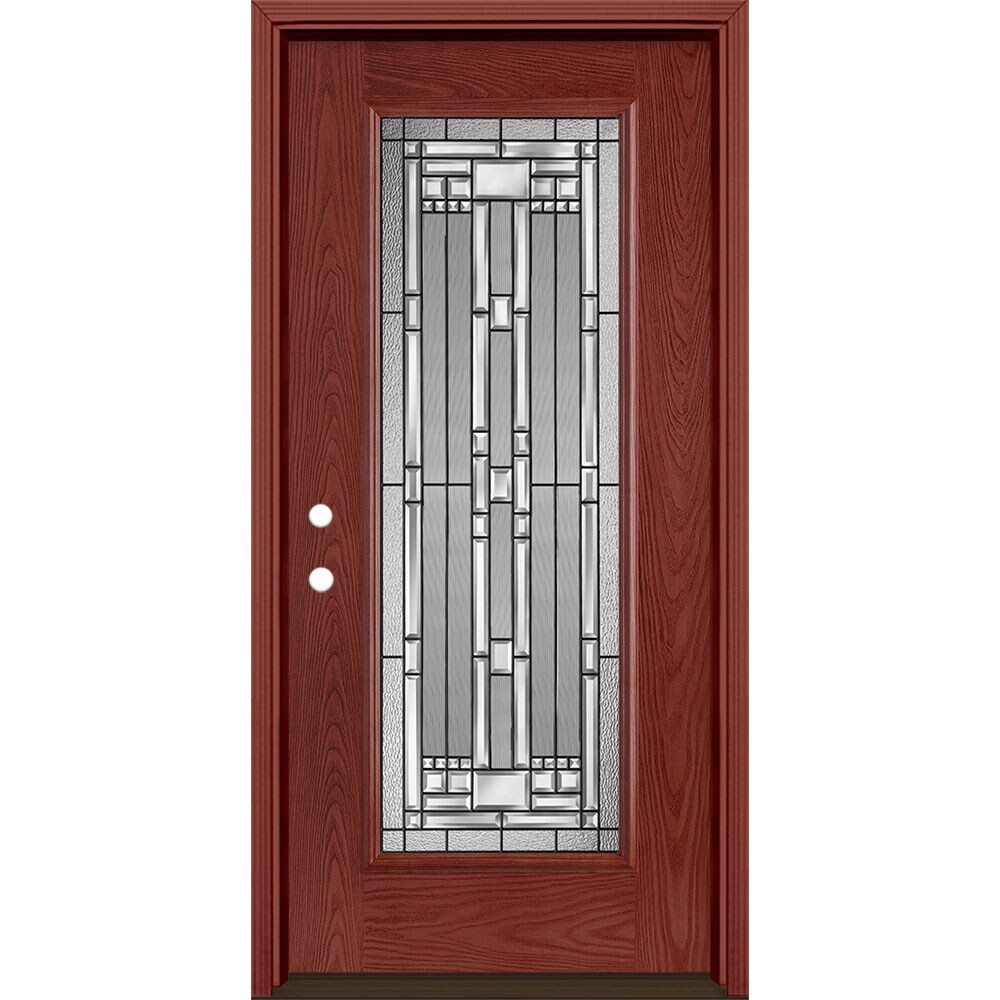 Masonite 3421156 Naples 36-in x 80-in x 4-9/16-in Fiberglass Full lite Right-hand inswing Wineberry Stained Prehung Single door Front Door with Brickmould Insulating core Decorative glass