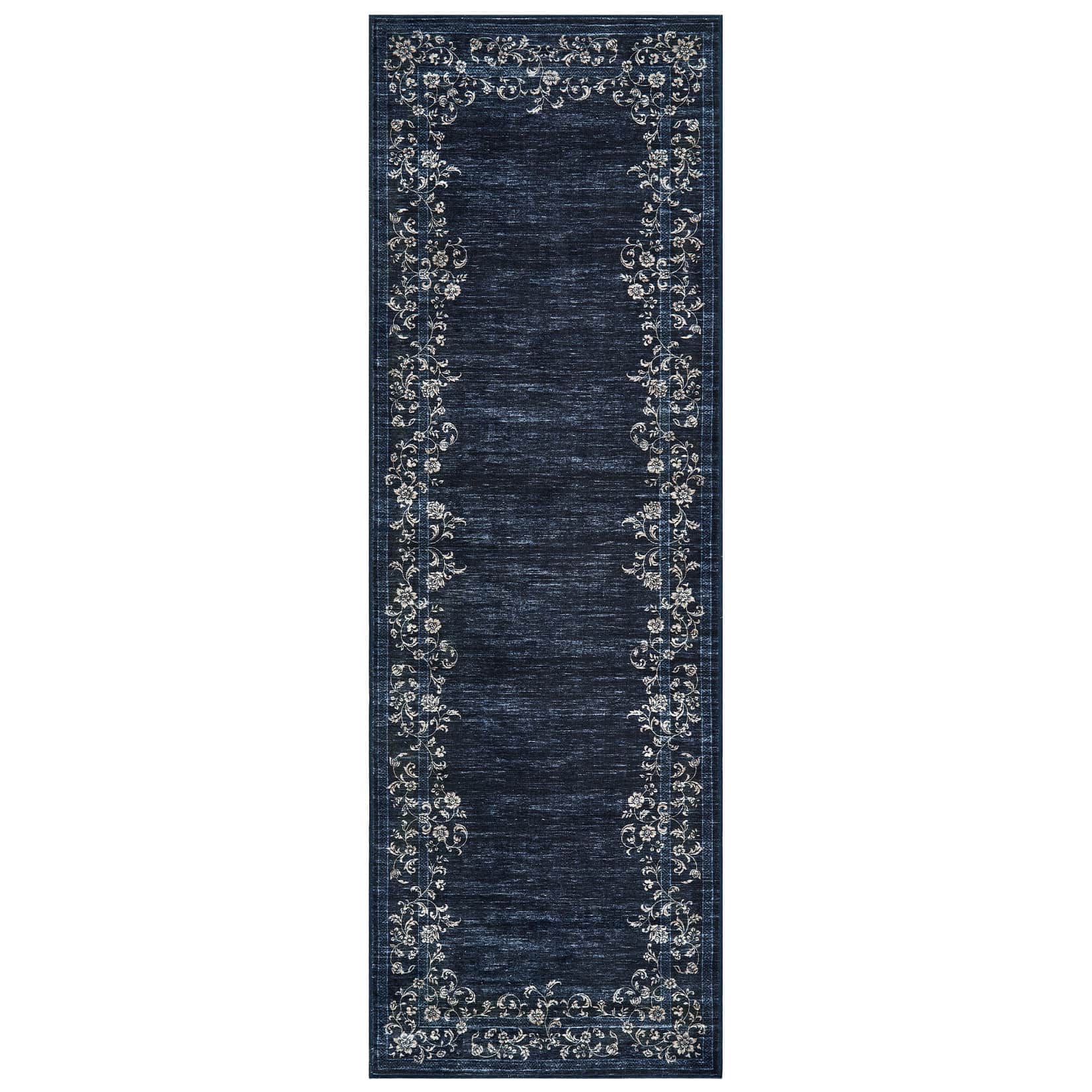 Qeetex LSN-PHK-33MCU6YJ 2 x 6 ft Polyester Cashmere Imitation Blue Rectangular Hallway Bathroom Entryway Kitchen Office Foldable Flower Printed Modern Washable Area Rug