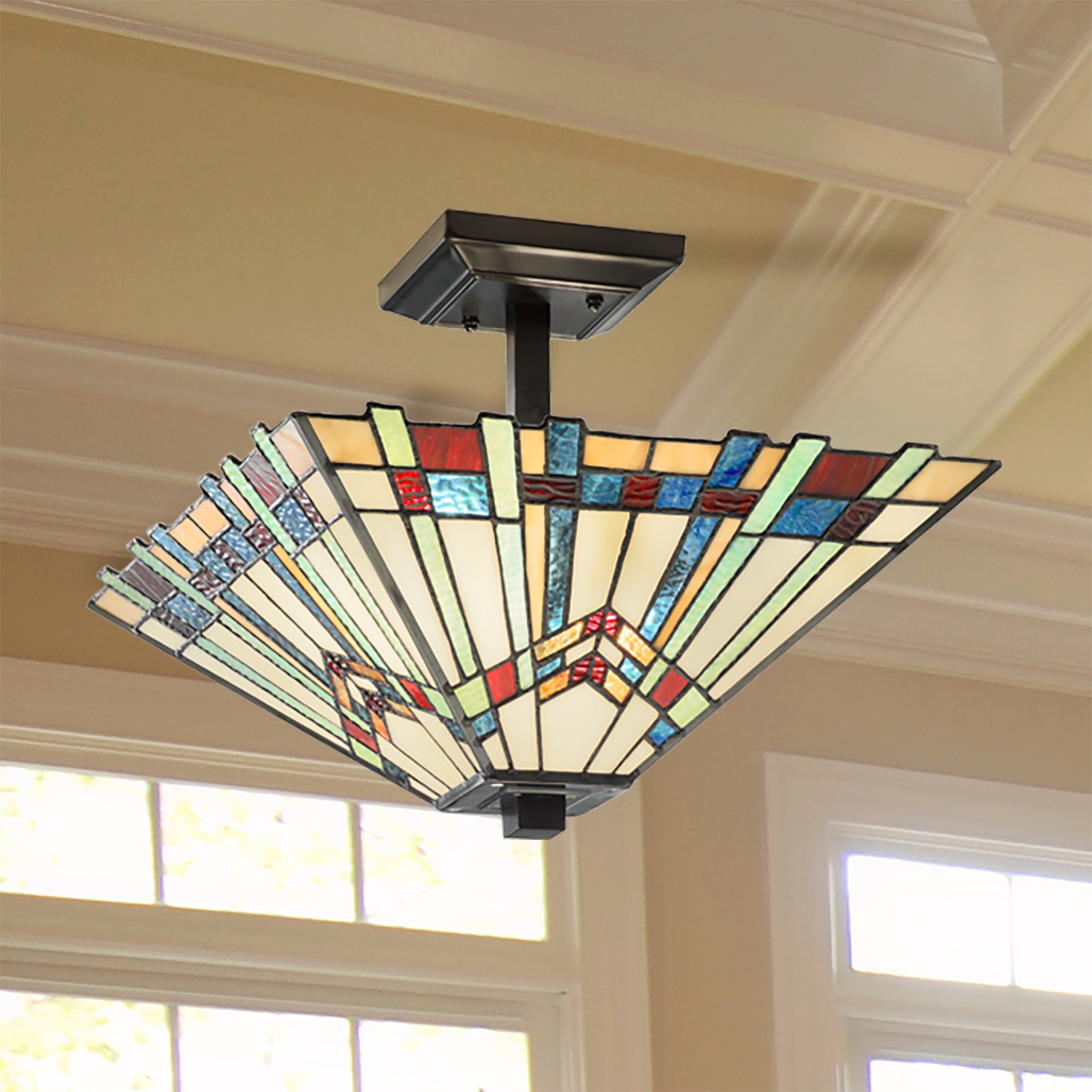 Mission-Inspired 18'' Tiffany Style Stained Glass Semi-Flush Mount in Oil-Rubbed Bronze