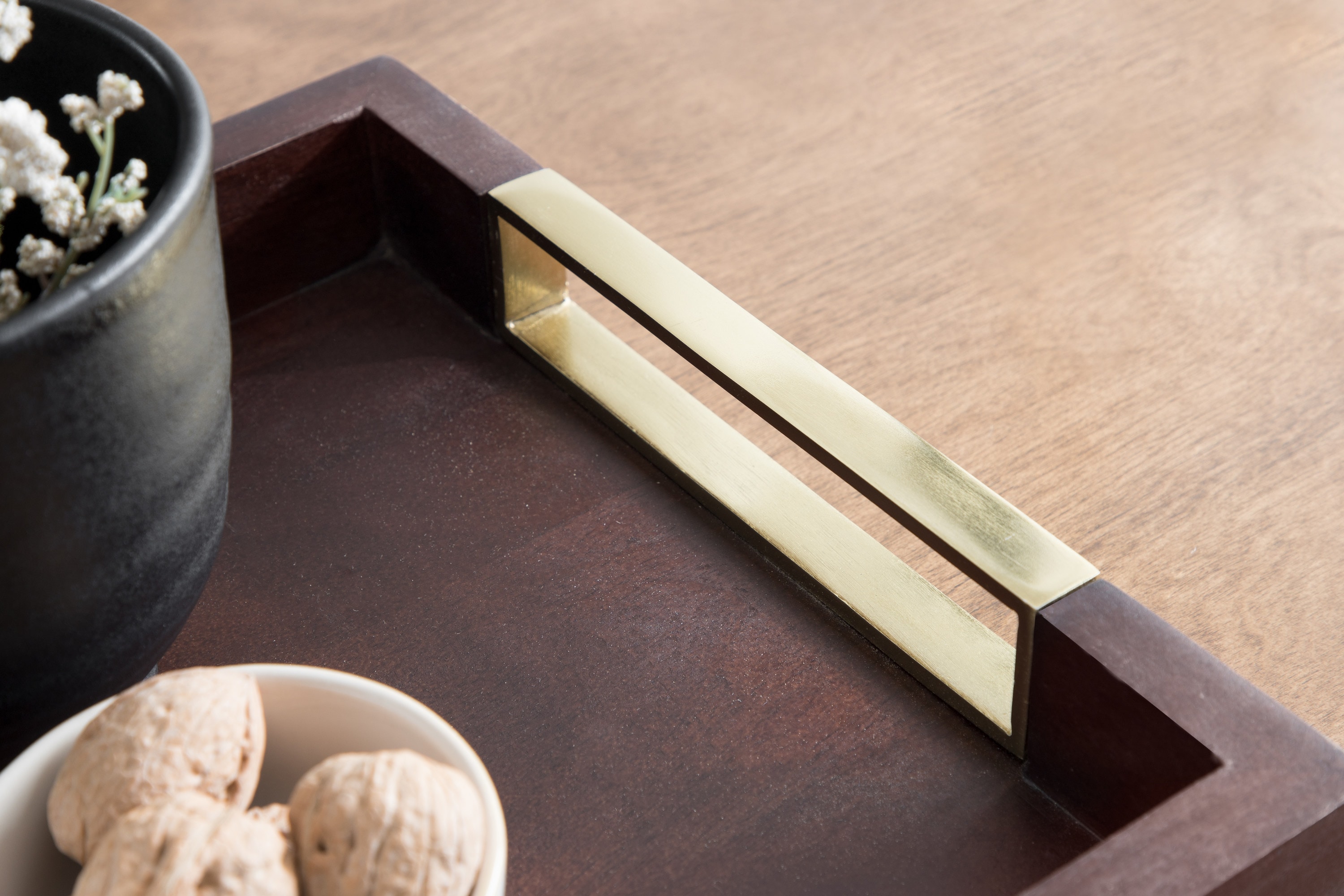 Heller Rectangular Espresso Finish Mango Wood Tray with Nickel-Plated Handles