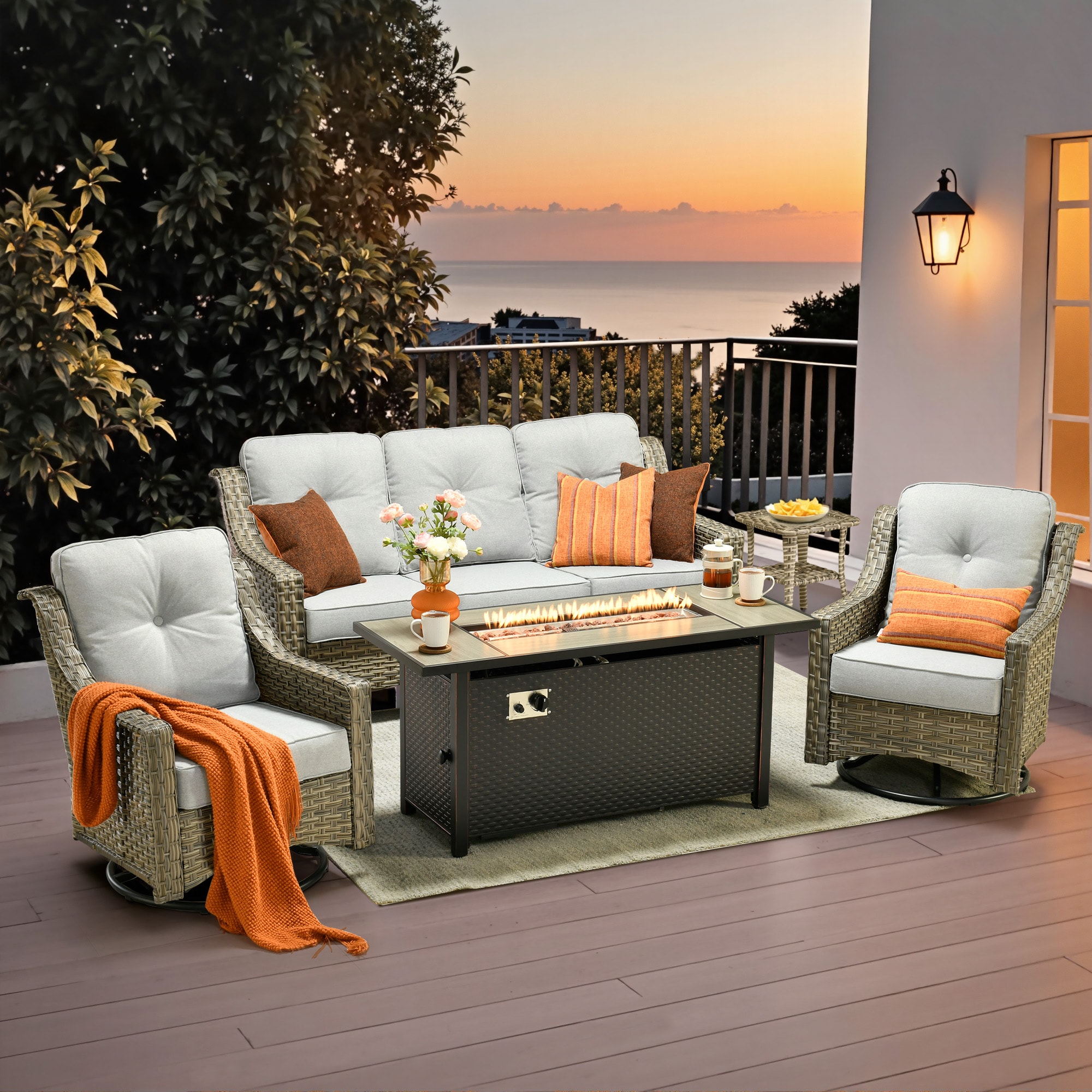 weaxty HMBCFP8503PADYZ5S4 Aireno 5 -Piece Wicker Patio Sofa Conversation Set with Gray Cushions