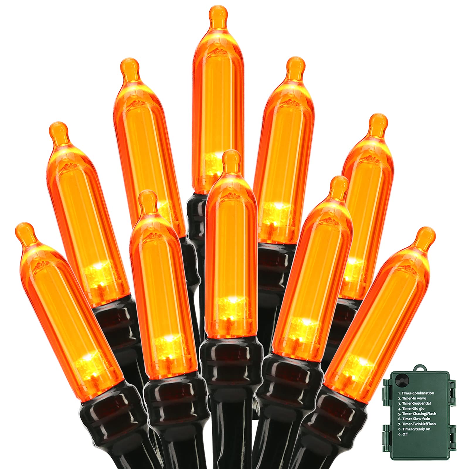 DYRCJ  Orange Halloween Lights 33ft 100 LED power cell Operated String Lights with 8 Modes and Timer for Indoor Outdoor Party Patio Decor