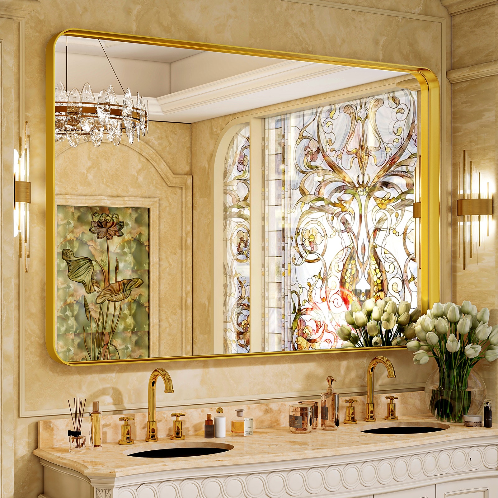 BEAUTYPEAK Q-REAJ3040-G 30-in W x 40-in H Oval Gold Framed Wall Mirror