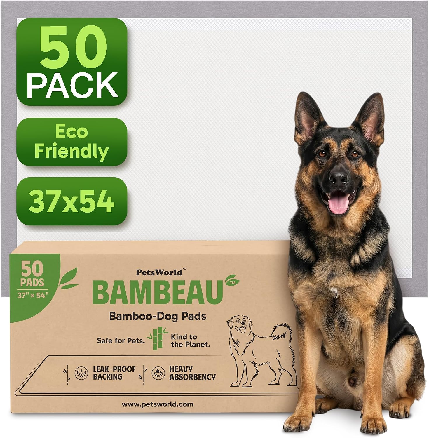 PetsWorld Bambeau 3XL (37x54 inch) Premium Bamboo-Based Pads Eco Conscious Dog Pads 25 Count