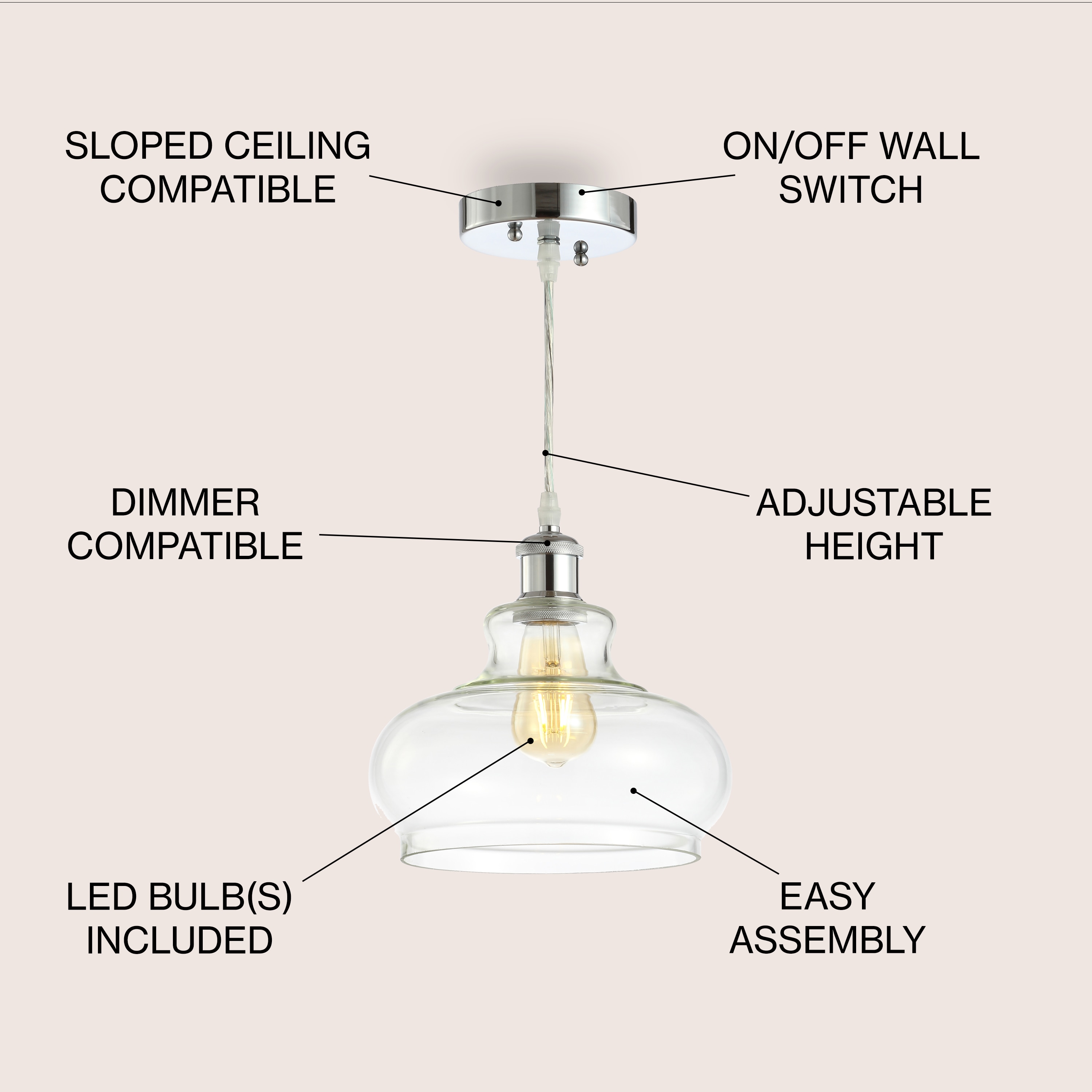 Adjustable Chrome Iron and Glass Bell Shade Pendant Light
