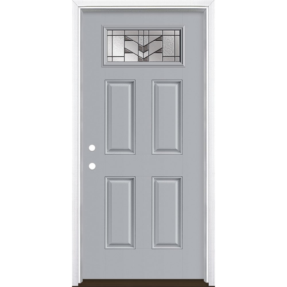 Masonite 3420470 Frontier 36-in x 80-in x 4-9/16-in Fiberglass 1/4 lite Right-hand inswing Infinity Gray Painted Prehung Front Door with Brickmould Insulating core