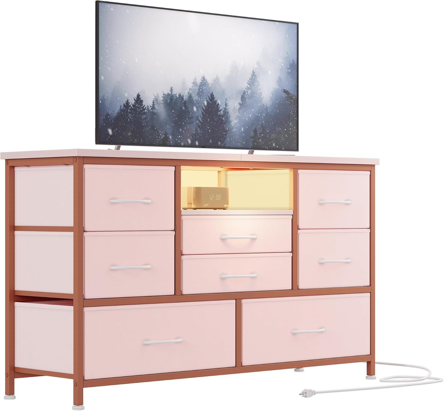 Garvee 8 Drawer LED Dresser TV Stand With Power Outlet For 55 Inch TV Wide Storage Chest Wood Top Console Table With 22 Light Modes For Bedroom Living Room Entryway