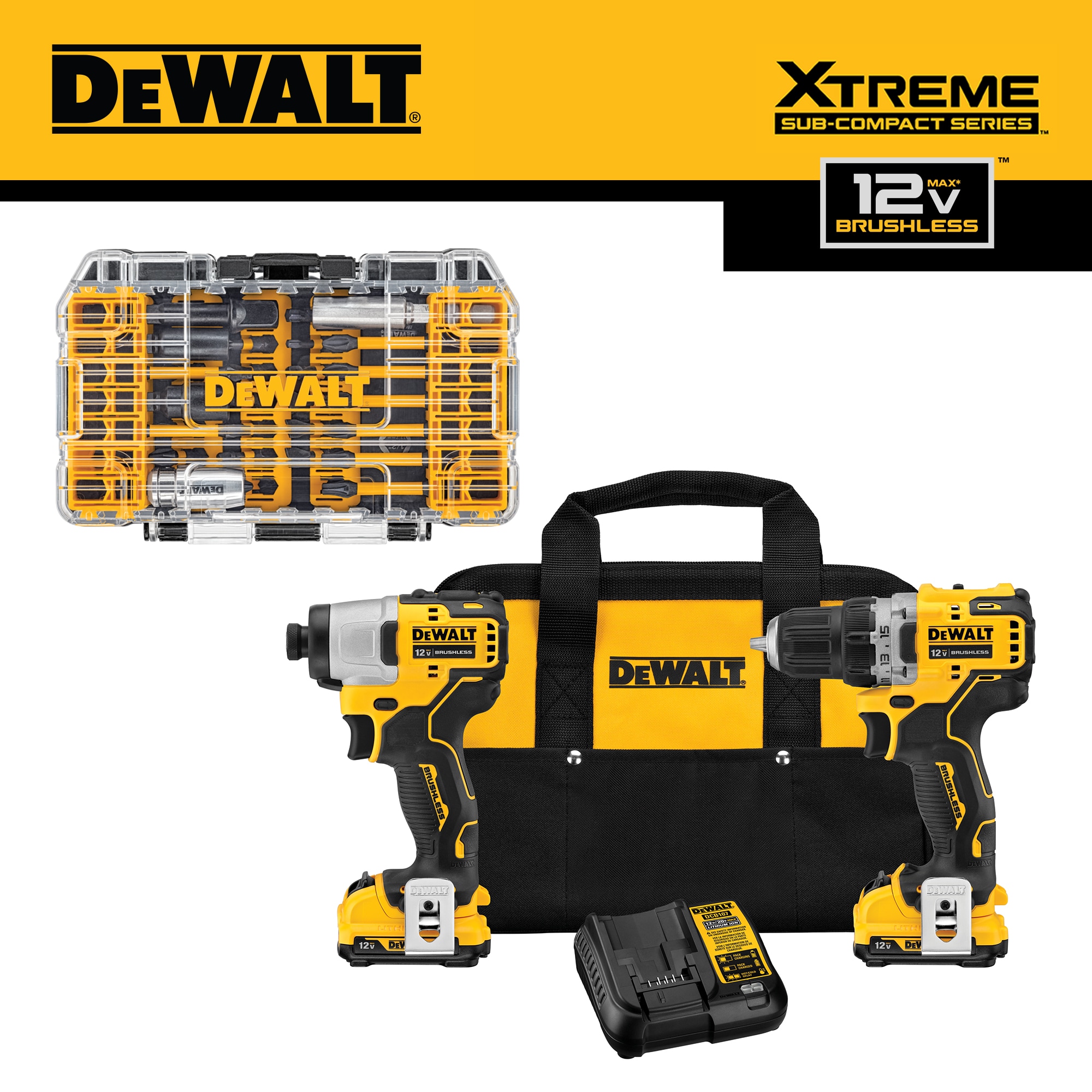 DEWALT XTREME 2-Tool 12-Volt Max Brushless Power Tool Combo Kit with Soft Case (2-Batteries and charger Included) & FlexTorq 40-Piece 1/4-in Impact