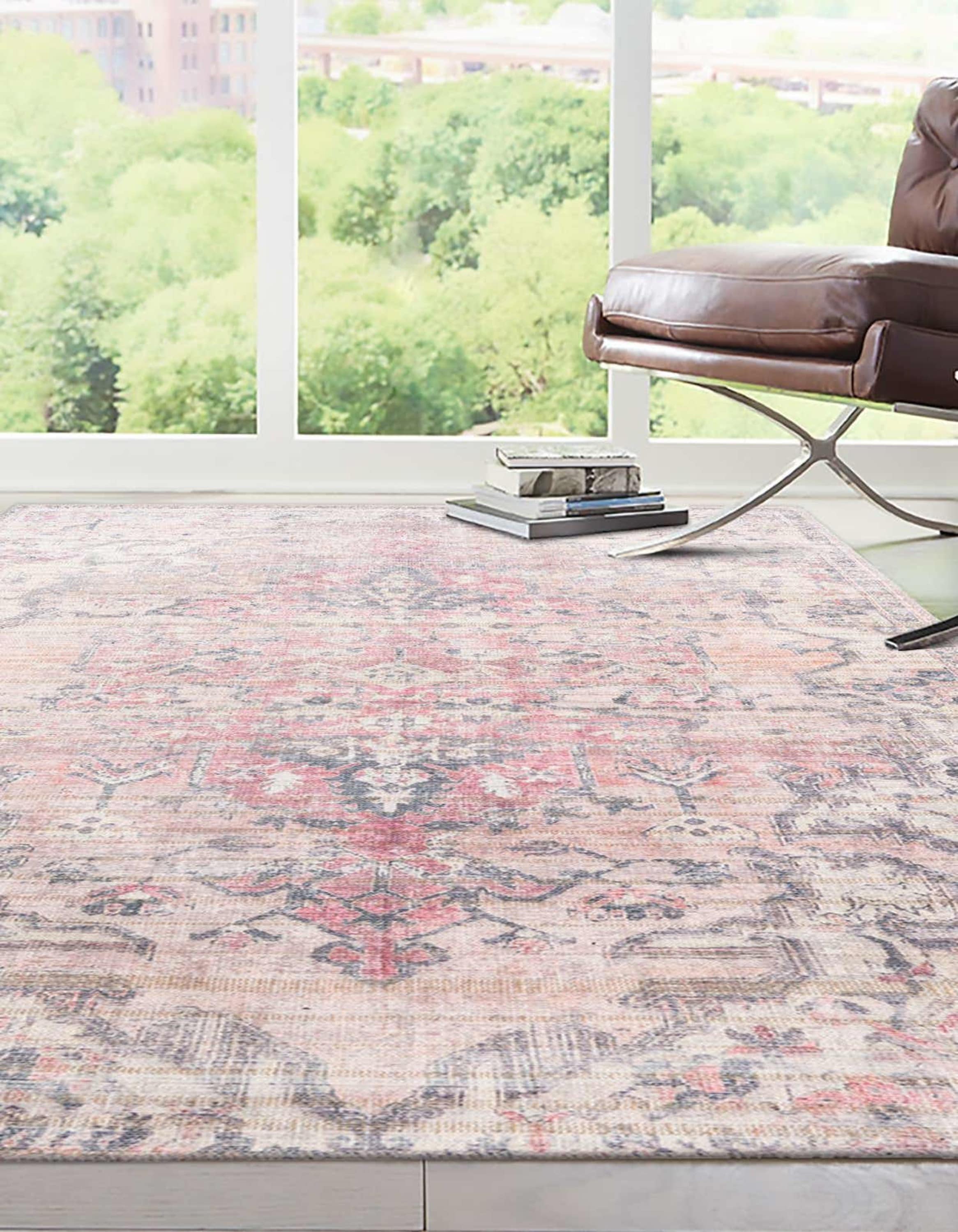 Beige Pink Rectangular Washable Synthetic Area Rug