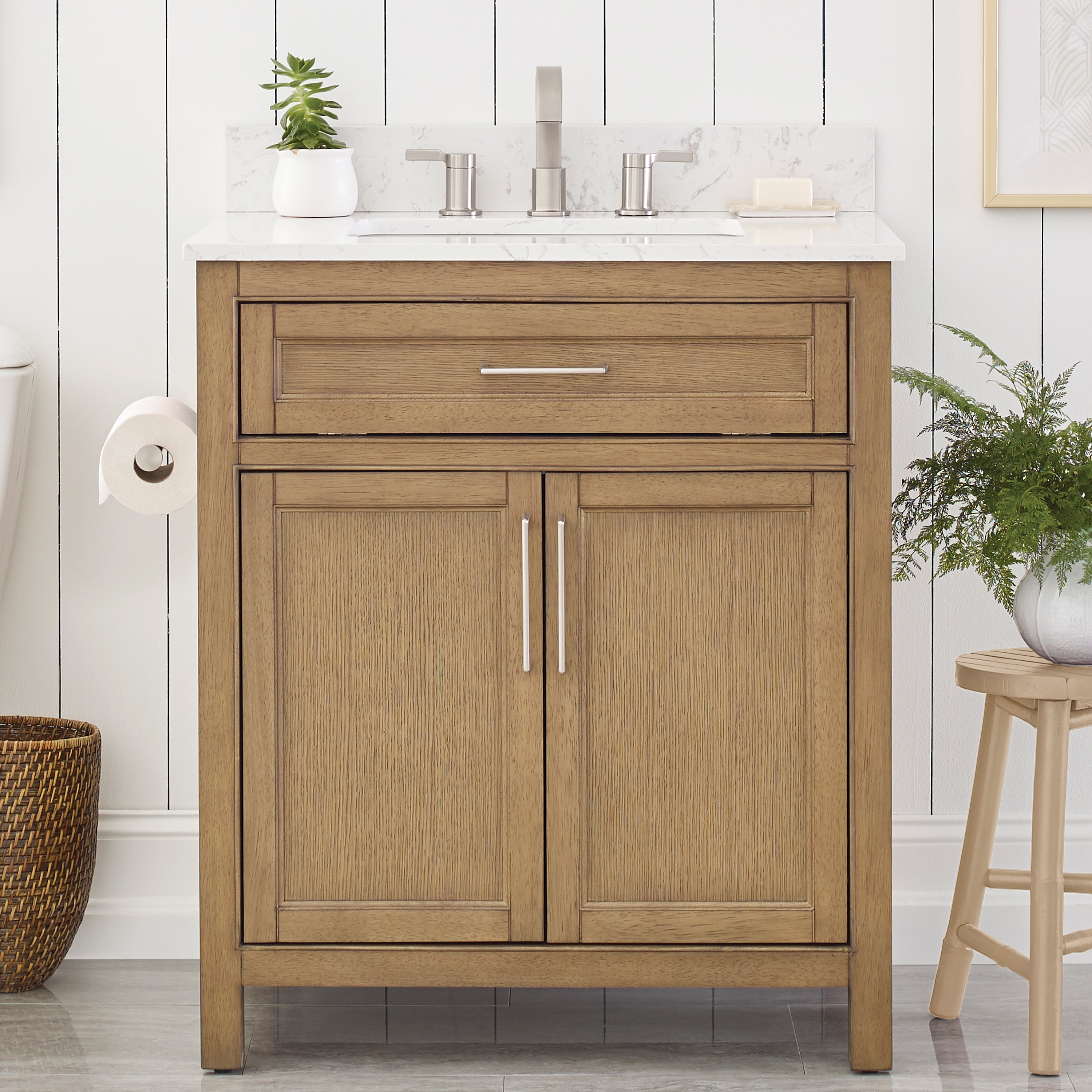 allen + roth L23064-VS30-WO Connery 30-in Golden Oak Undermount Single Sink Bathroom Vanity with White Engineered Stone Top