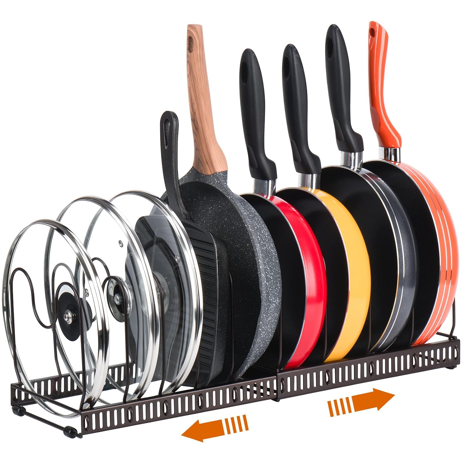 SPACELEAD Adjustable Pot and Pan Organizer Rack with 10 Dividers for Cabinet or Countertop Use - Expands 12 to 23 Inches - Brown