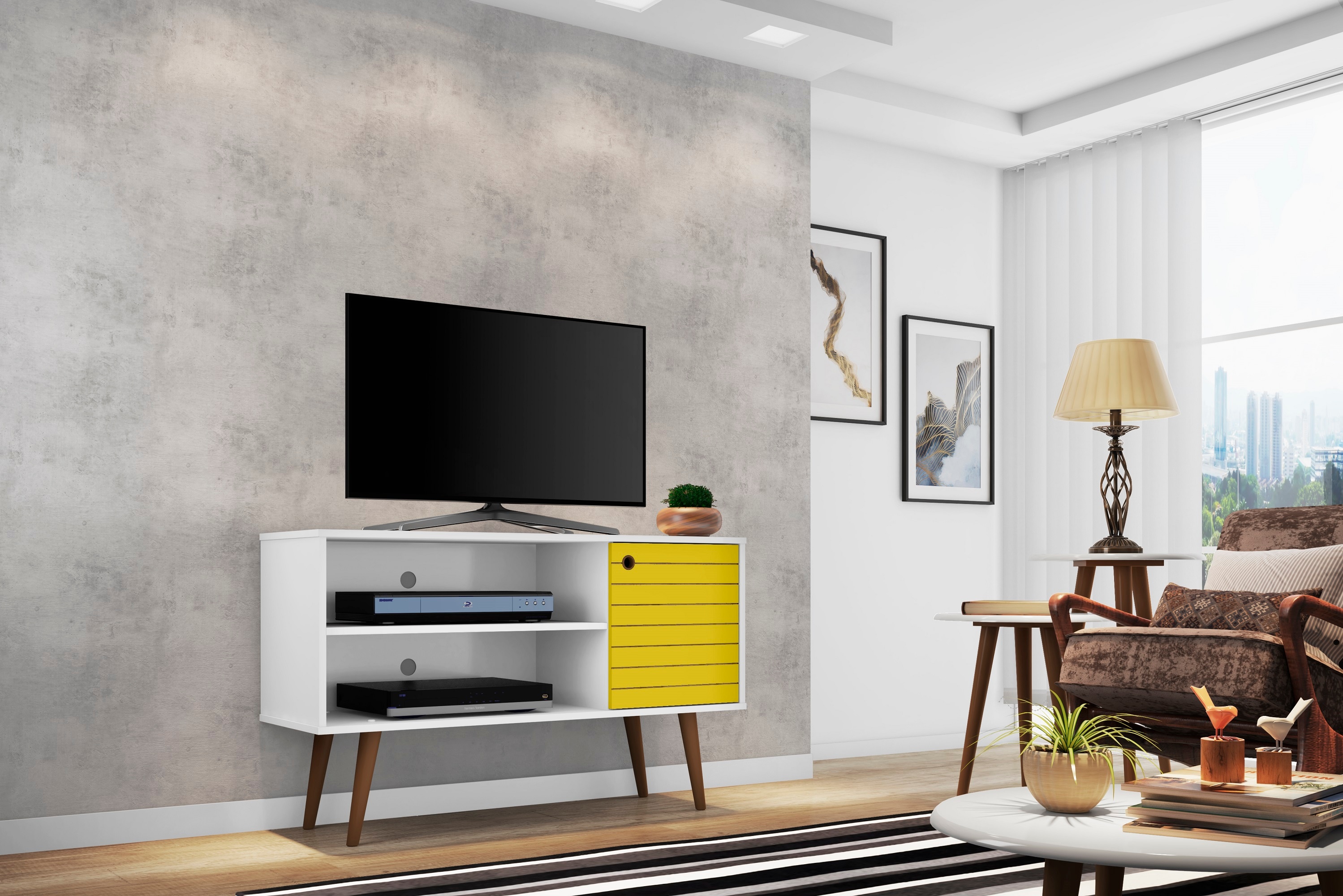 Liberty 42" White and Yellow Mid-Century Modern TV Stand with Cabinet