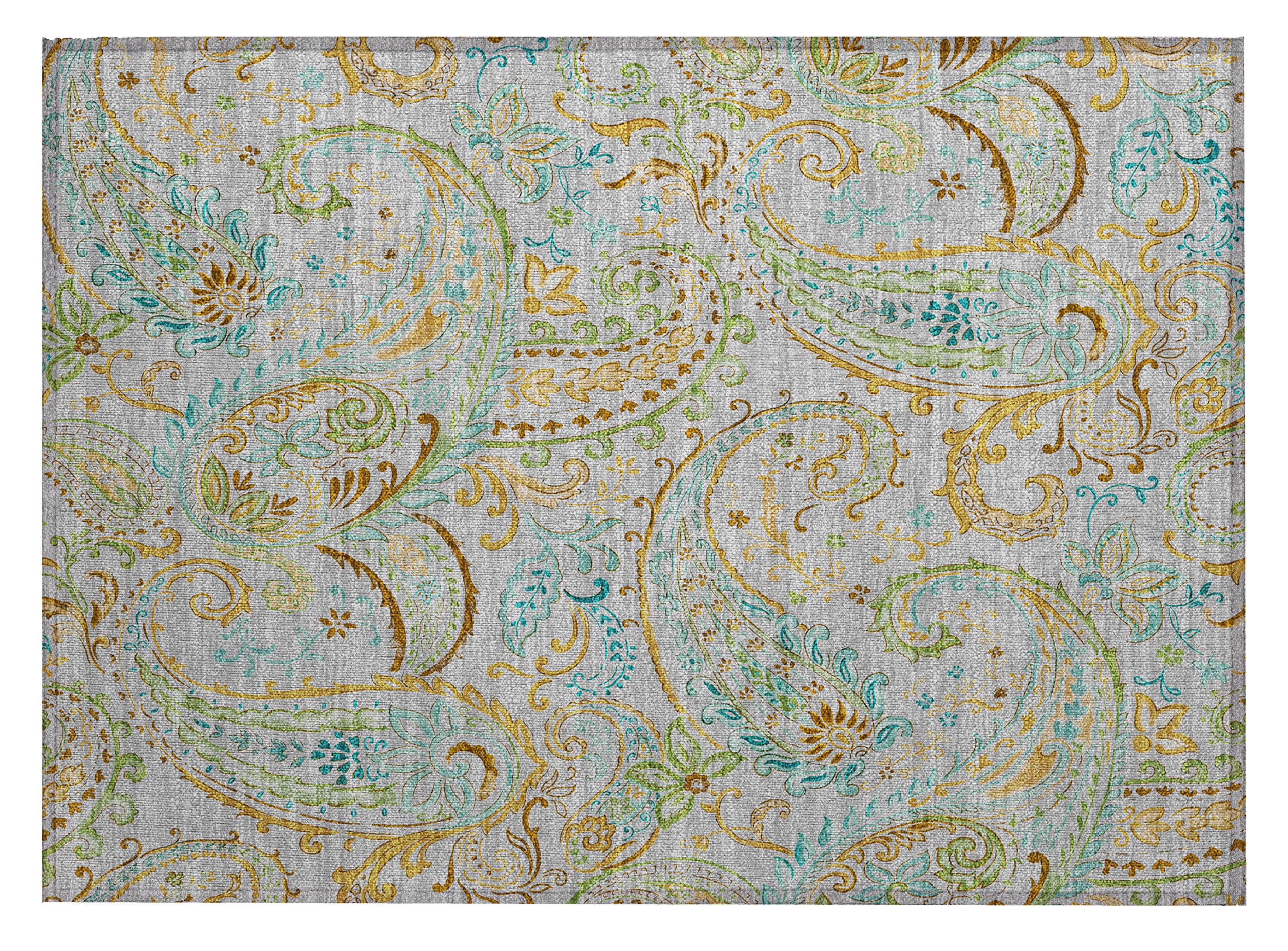 Gray and Gold Paisley Washable Synthetic Area Rug