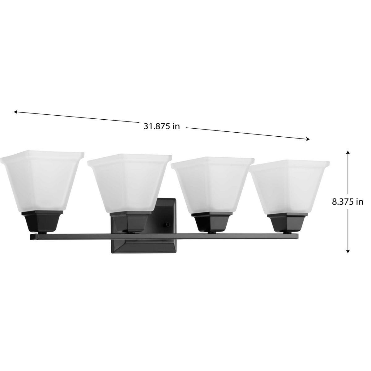 Matte Black Four-Light Bath Vanity Fixture with Etched Glass Shades