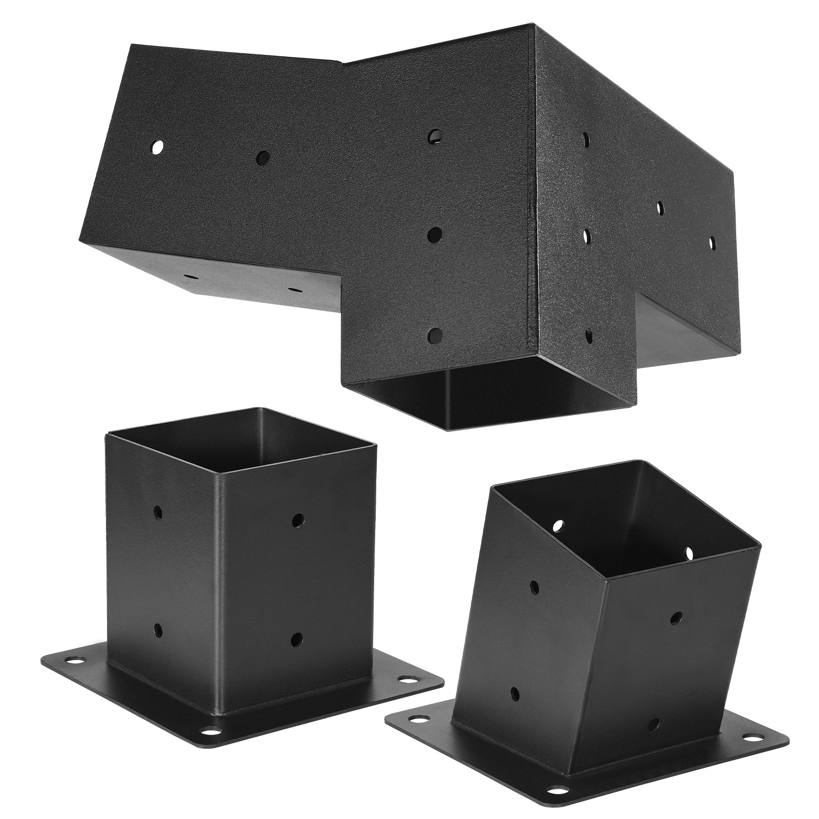 Mecale 4-in 3-Way Slanted Carbon Steel Pergola Bracket Kit 2-Pack with Post and Wall Mount Bases Black