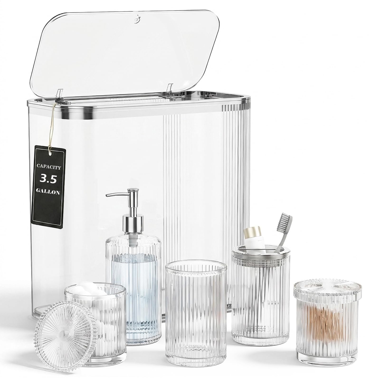 AKSCYZM  Clear Bathroom Accessories Set 8 Piece Includes Trash Can Soap Dispenser Toothbrush Holder Tumbler Qtip Holders Vintage Style