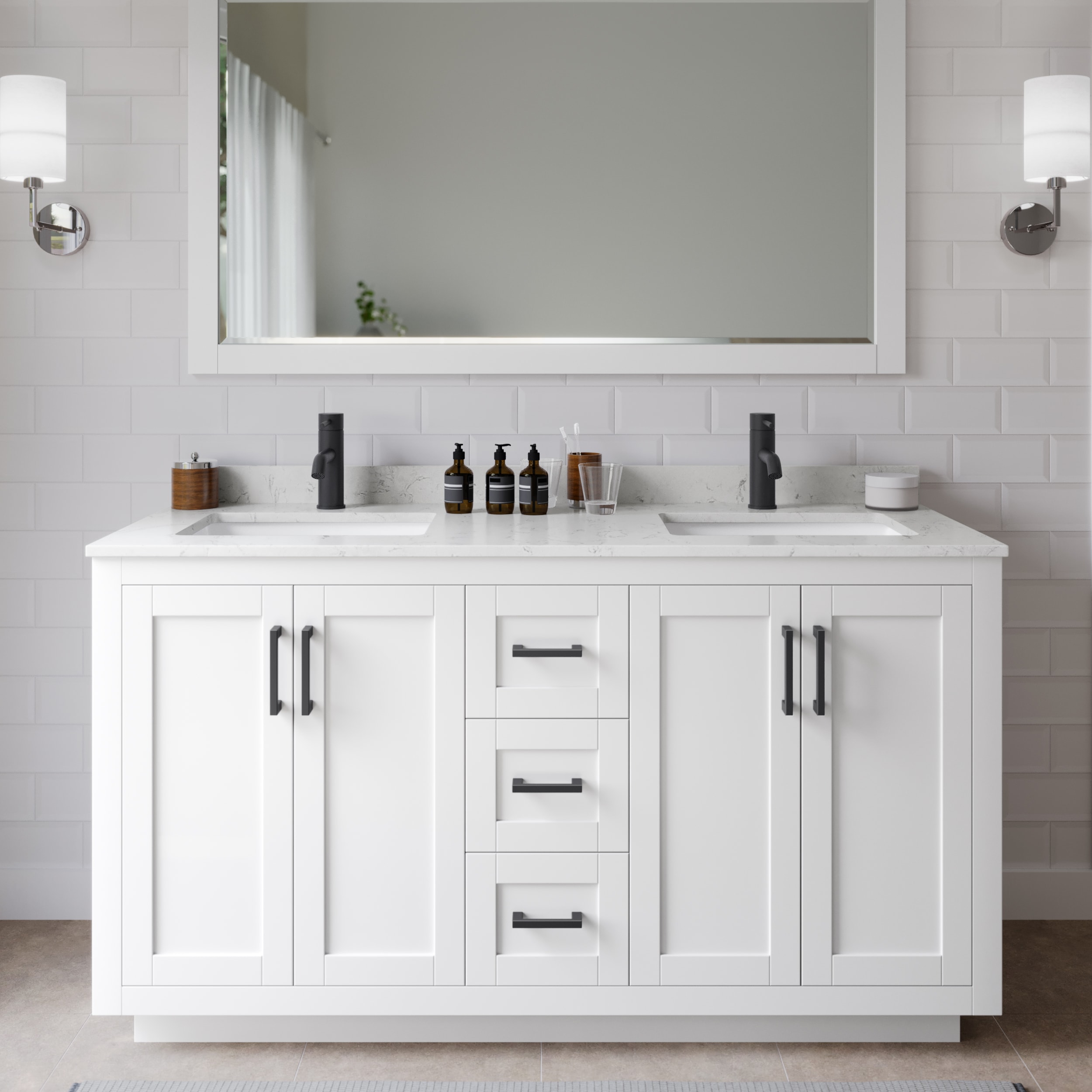 Wyndham Collection WCF292960DWBC2UNSM58 Miranda 60-in White with Matte Black Trim Undermount Double sink Bathroom Vanity with Carrara Cultured Marble Cultured marble Top (Mirror Included)
