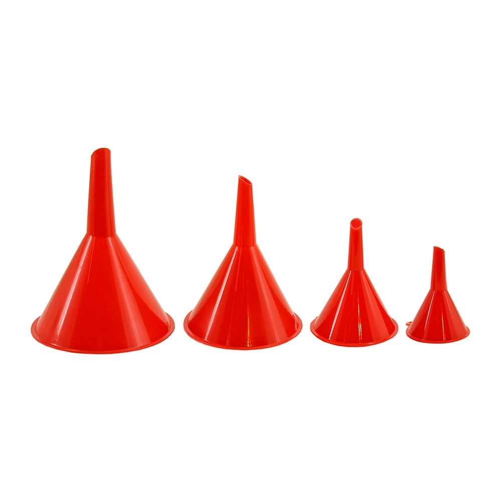 Slickblue ABS Plastic Funnel 4 Piece Assorted Funnel Set Red Liquid Transfer Funnels for Automotive Oil Fuel Engine Fluids Household Garage and Workshop Use