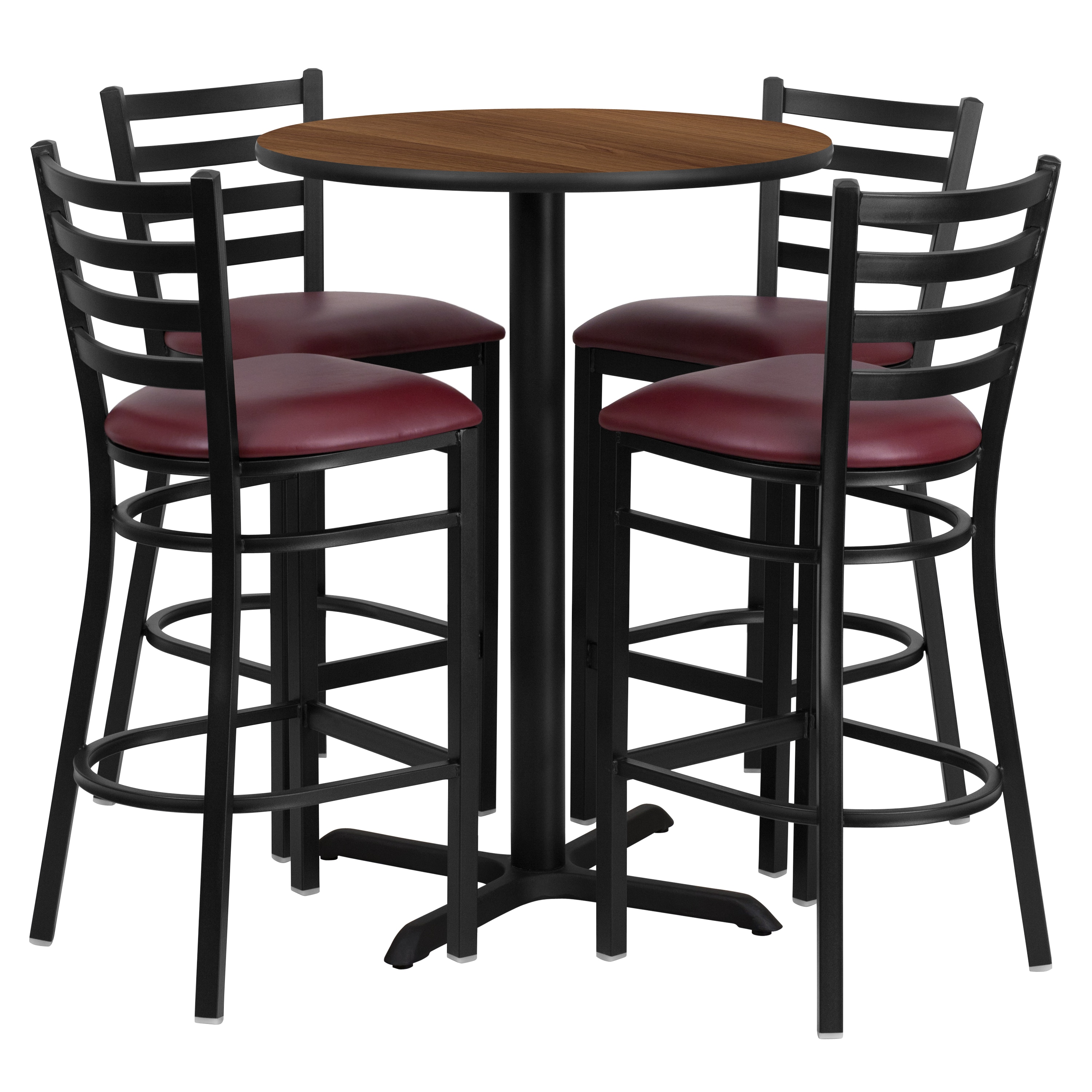 Walnut Laminate Round Pub Table Set with Burgundy Vinyl Bar Stools