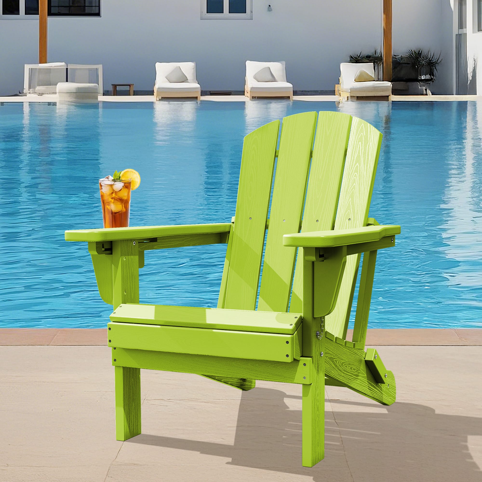 JEAREY PECGTJY-AG HDPE Patio Folding Adirondack Chair with Cup Holder Apple Green HDPE Frame Stationary Adirondack Chair with Slat Seat