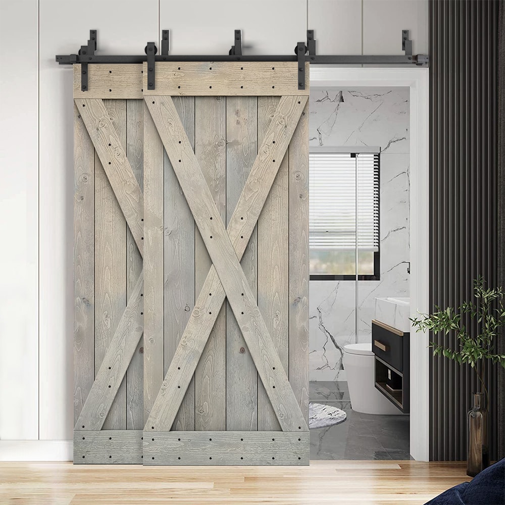 Calhome 72 In X 84 In Smoke Gray Knotty Pine Wood Solid Core Double Bypass Barn Door Hardware