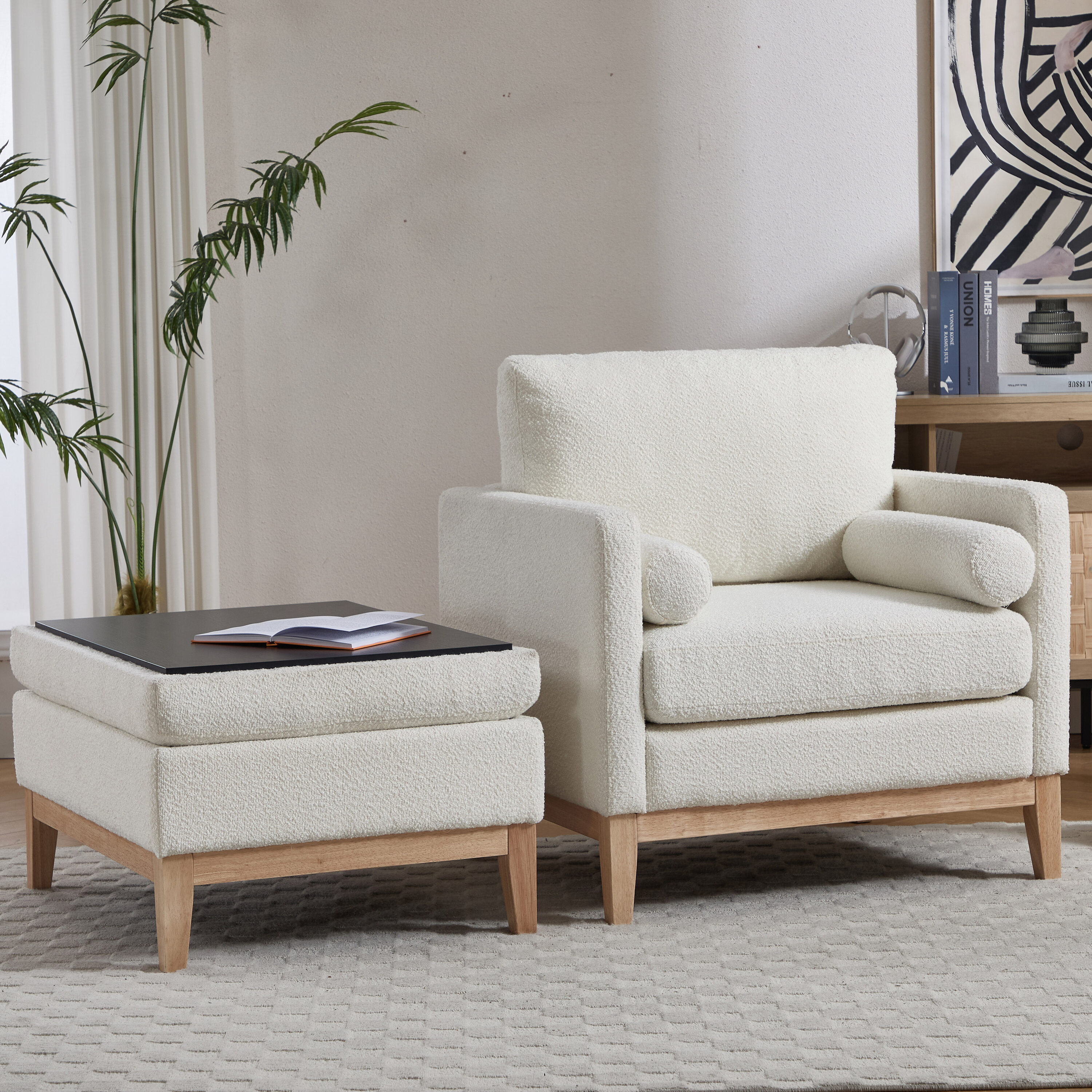 Hrinhom HC-S2019SET-IVORY 35.4-in W Modern Ivory/Natural Legs Boucle Accent Armchair