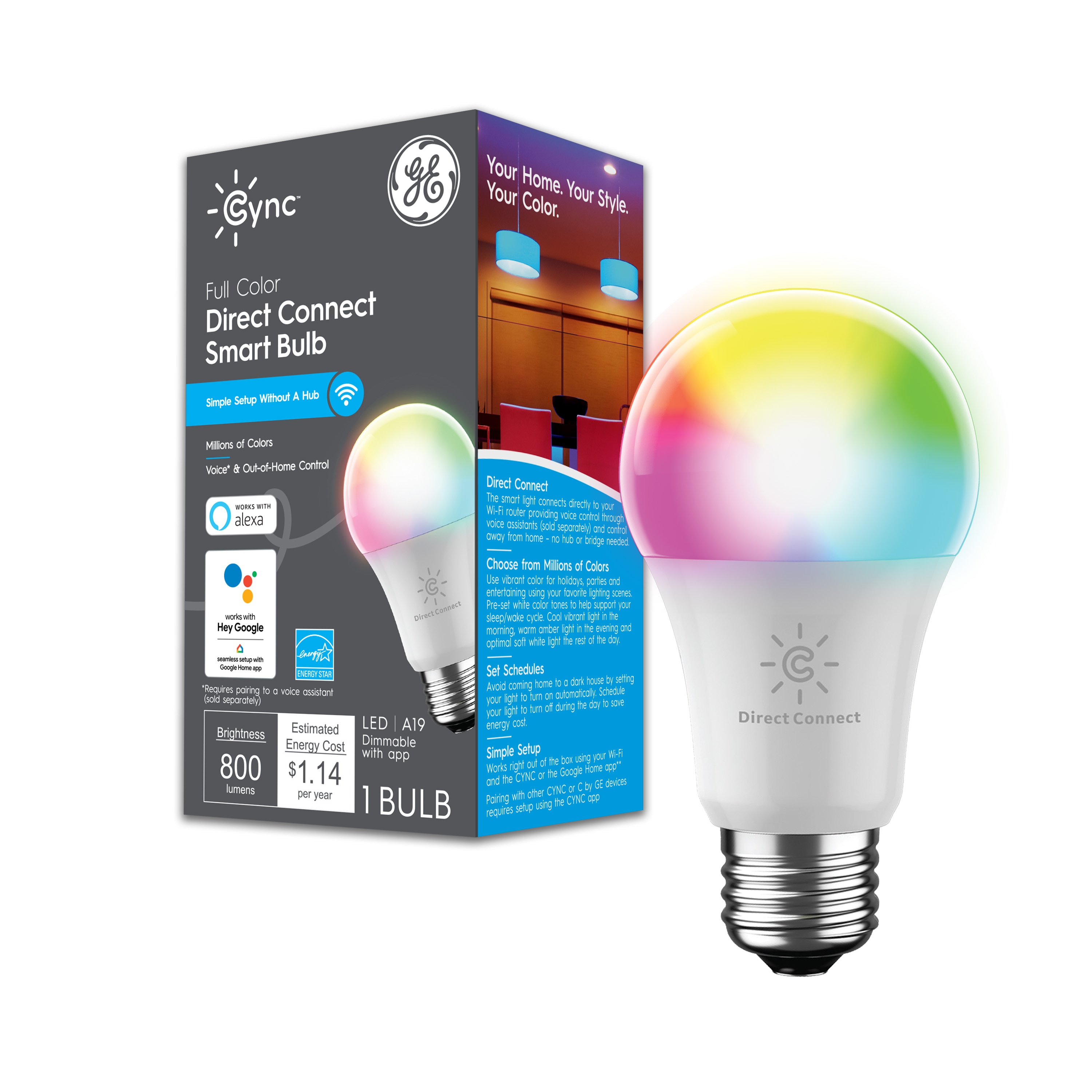 tale Tarmfunktion Overveje GE Cync 60-Watt EQ A19 Full Color Medium Base (e-26) Dimmable Smart LED Light  Bulb at Lowes.com