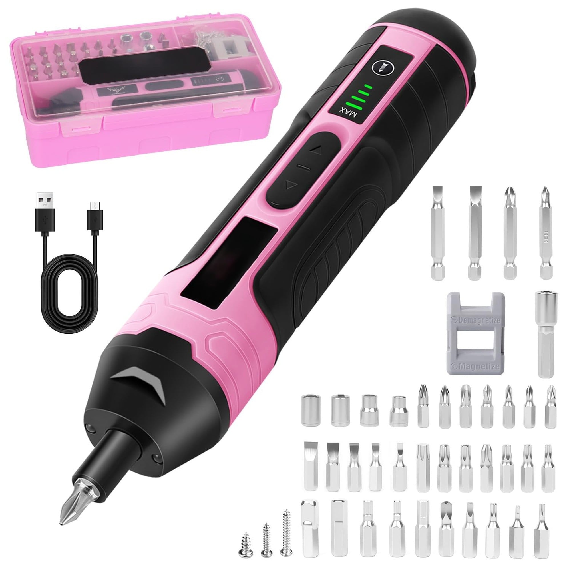 Angel Sar 3.6V Pink Electric Screwdriver Rechargeable Type C Charging 105 Pieces with Storage Box for Home DIY Assembly Furniture Installation Repairs
