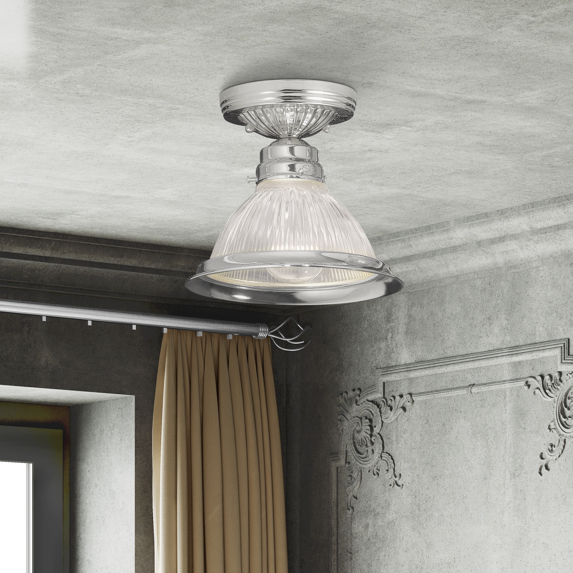 Elegant Brushed Nickel Flush Mount with Clear Ribbed Glass Bowl