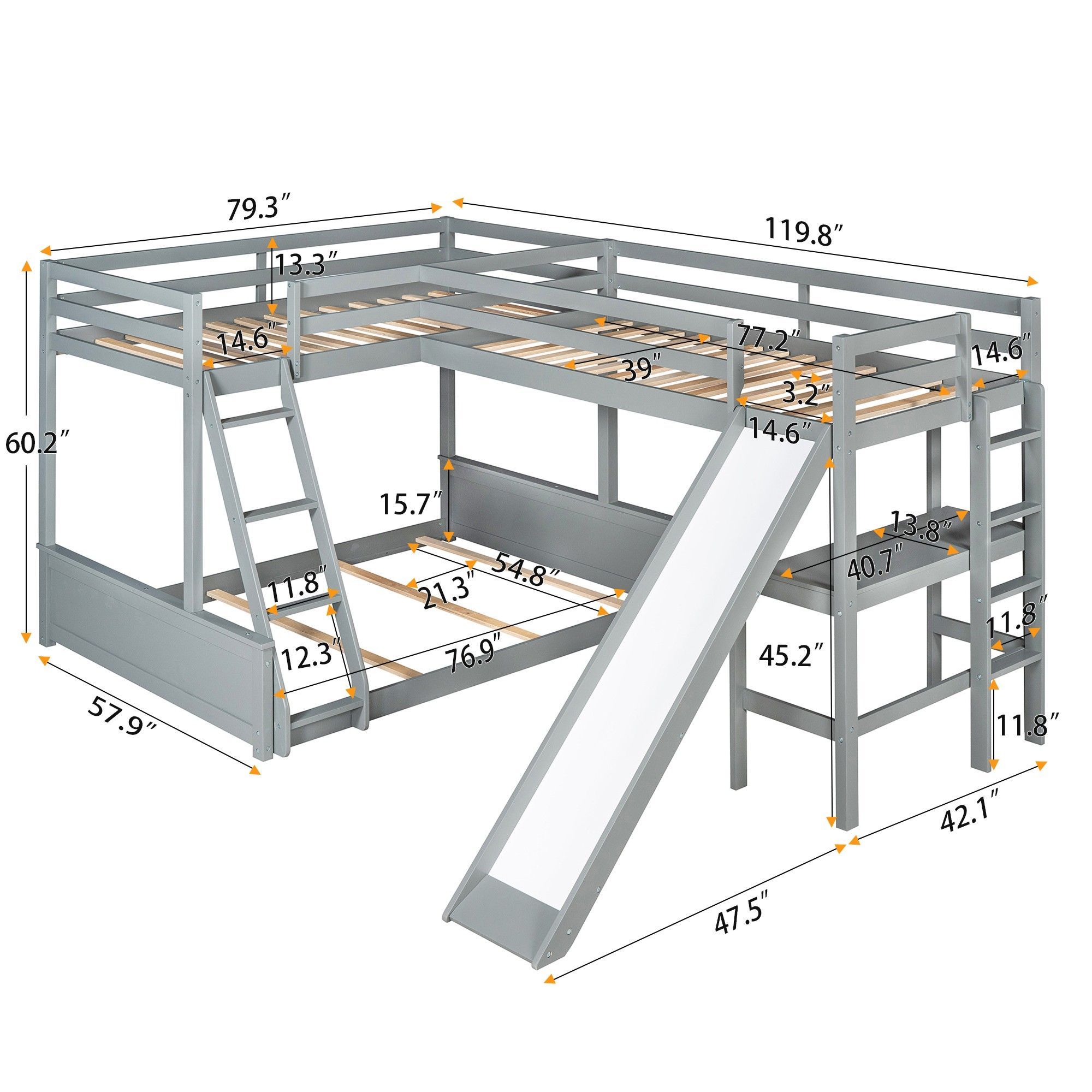 Yiekholo Triple Bunk Bed with Slide and Desk, Twin over Twin over Full ...