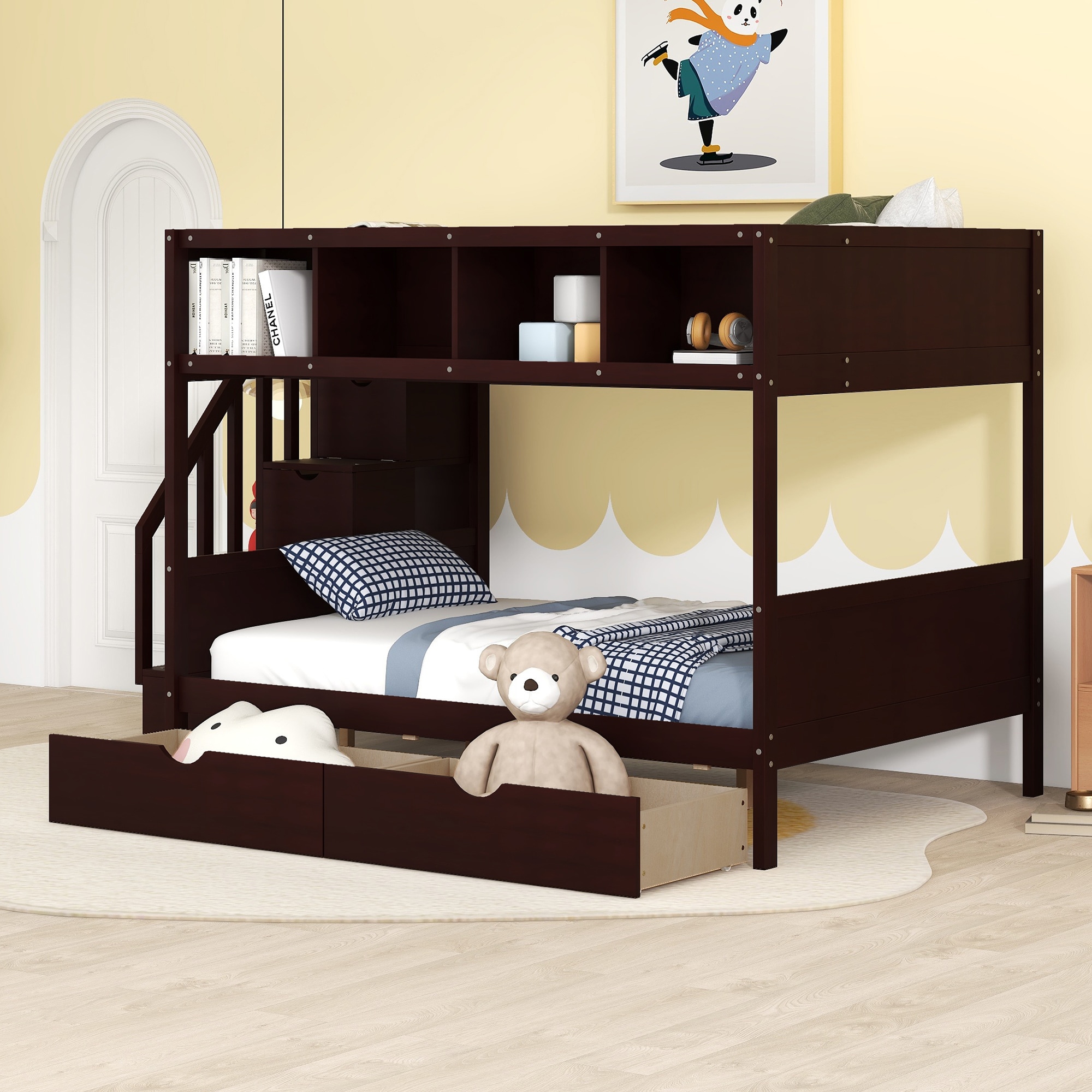ModernLuxe LT000228AAP-1 Twin over Full Bunk Bed with Shelfs Storage Staircase and 2 Drawers Espresso