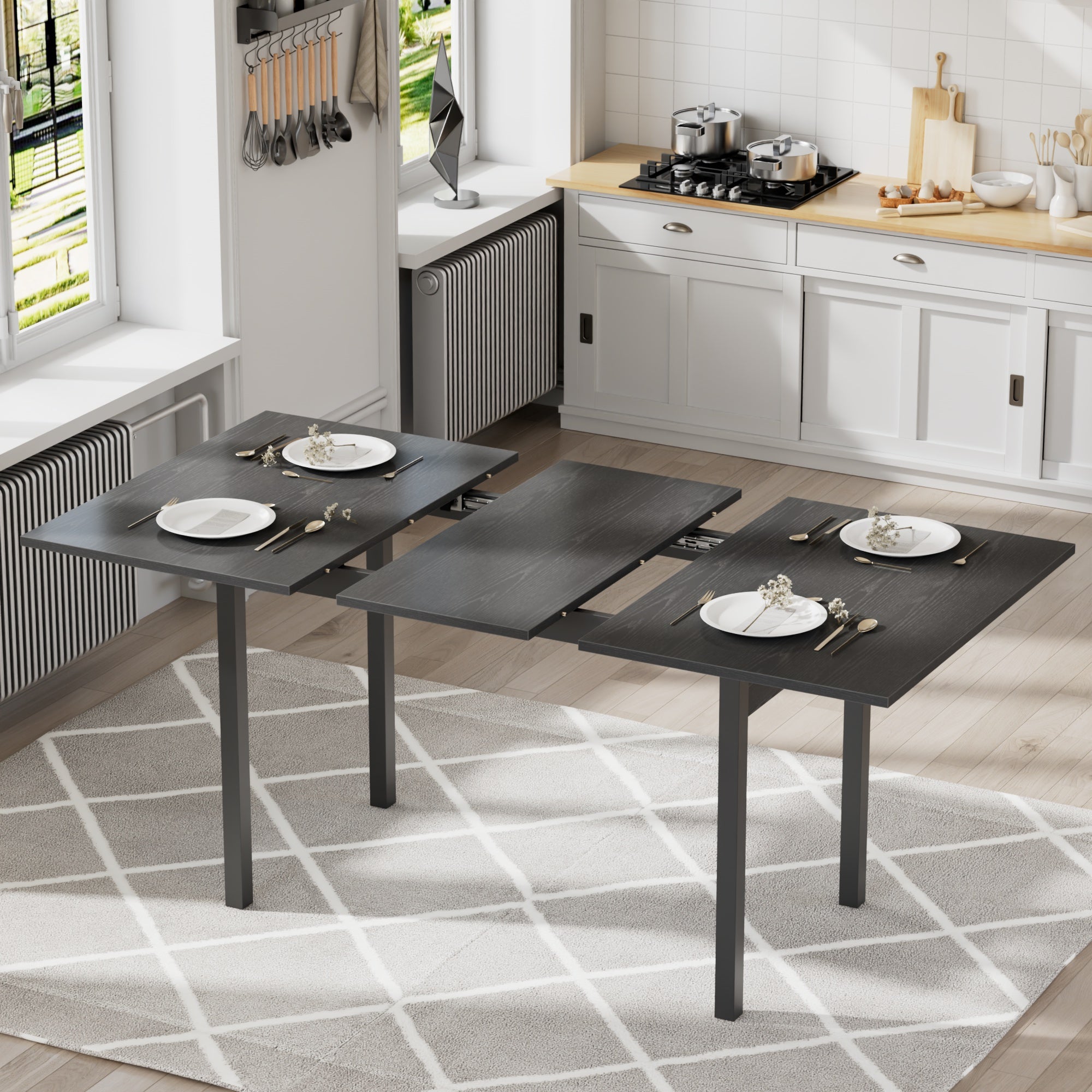 Vecelo LOE-AE-UP01-SETA-BLK Minimalist Extendable Dining Room Table For 4 or 6 People Expanding Wood Table For Kitchen Living Room Dining Room