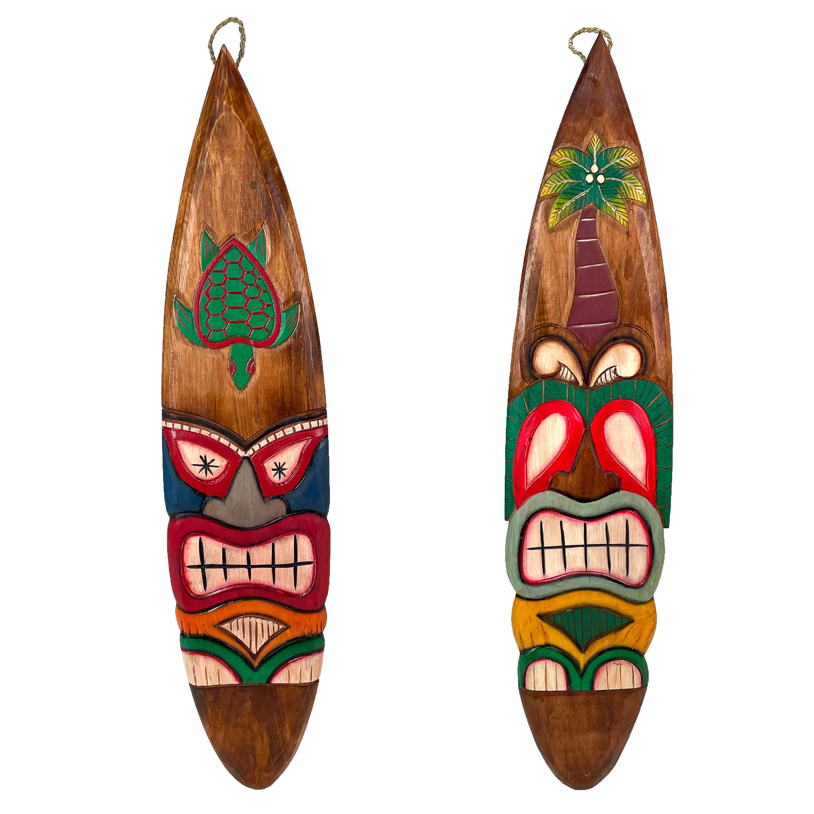 Chesapeake Bay JDY-24547-SET Set of 2 Wooden Tiki Surfboard Wall Decor - 39 in Hand Carved Surfboards with Sea Turtle and Palm Tree Designs - Hand Painted Tropical Wall Art - Coastal Beach House Accent - Rustic Bar or Patio Hanging