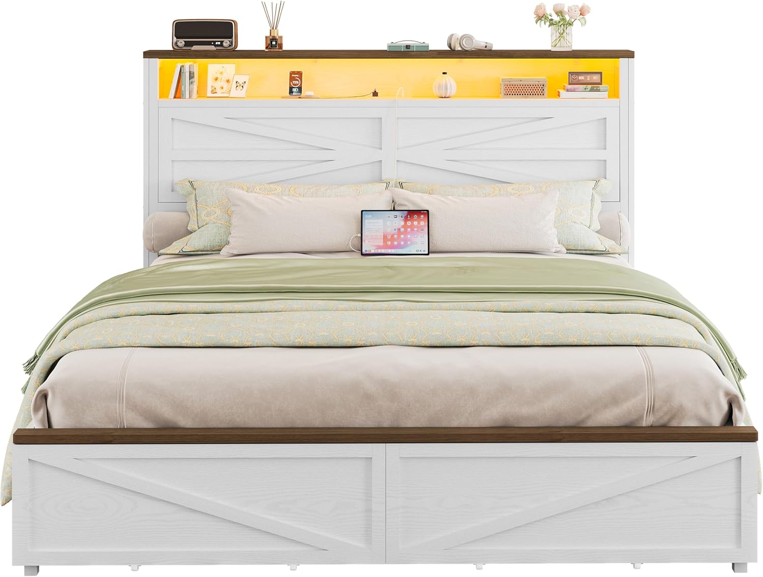 Ironck UEE5JT9X7U0VHCLN 54.8-in W Full Size Bed Frame with LED Light and Charging Station