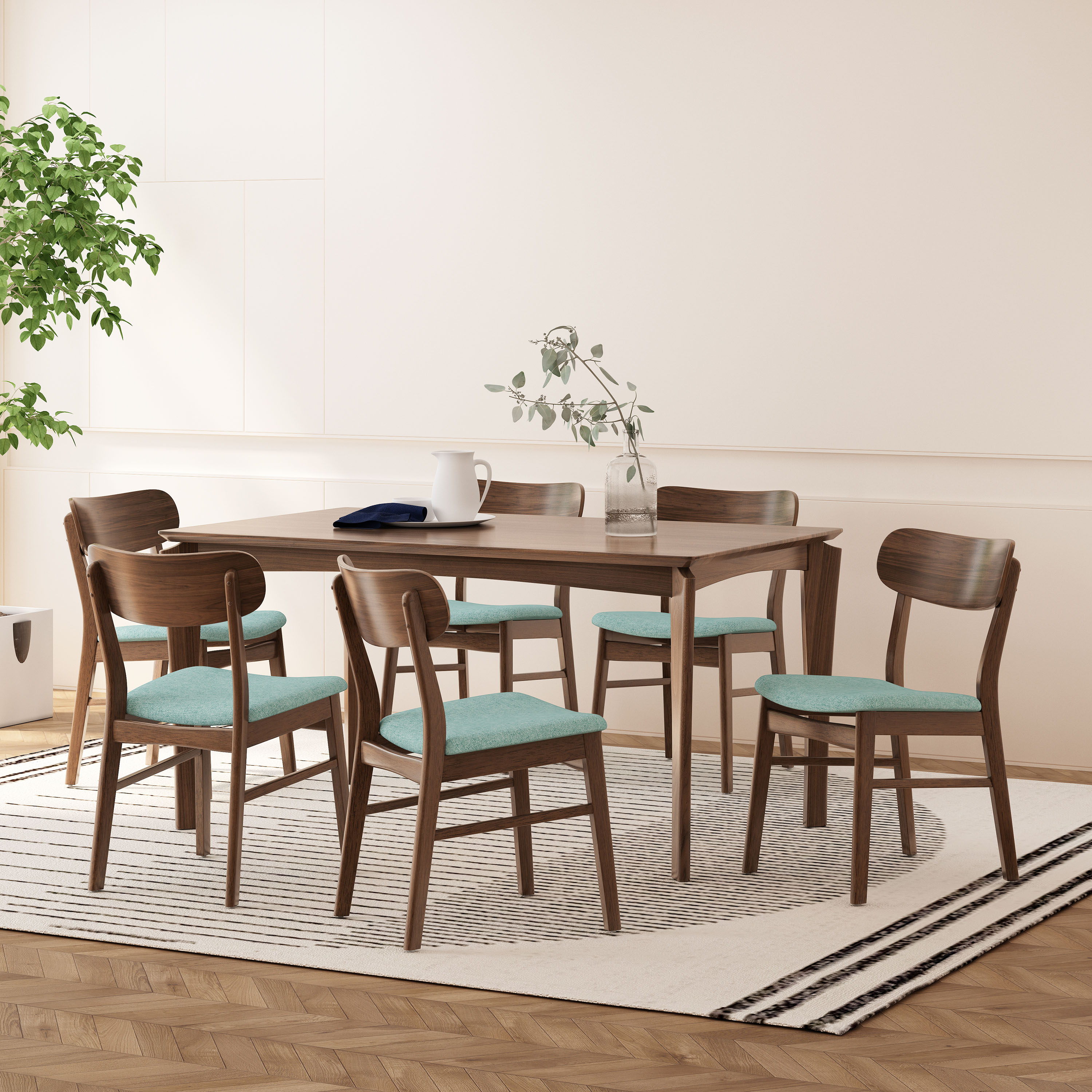 Christopher Knight Home 318683 Ballantrae Wood and Fabric 7 Piece Dining Set Walnut Mint