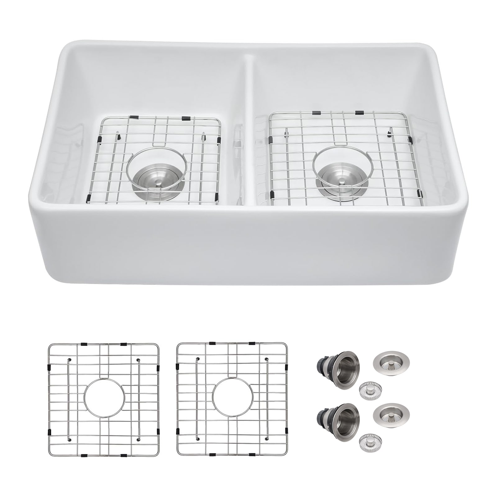 Lordear 50/50 Bowl Undermount 33-in x 18-in Fireclay Double equal bowl Kitchen Sink