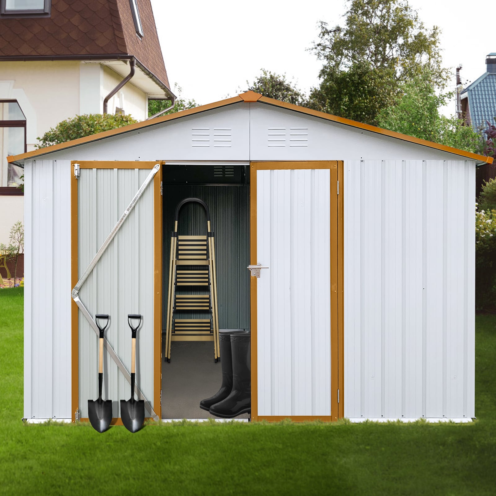 GDFStudio 334731 Metal Garden Shed 12x10FT Outdoor Storage White and Yellow
