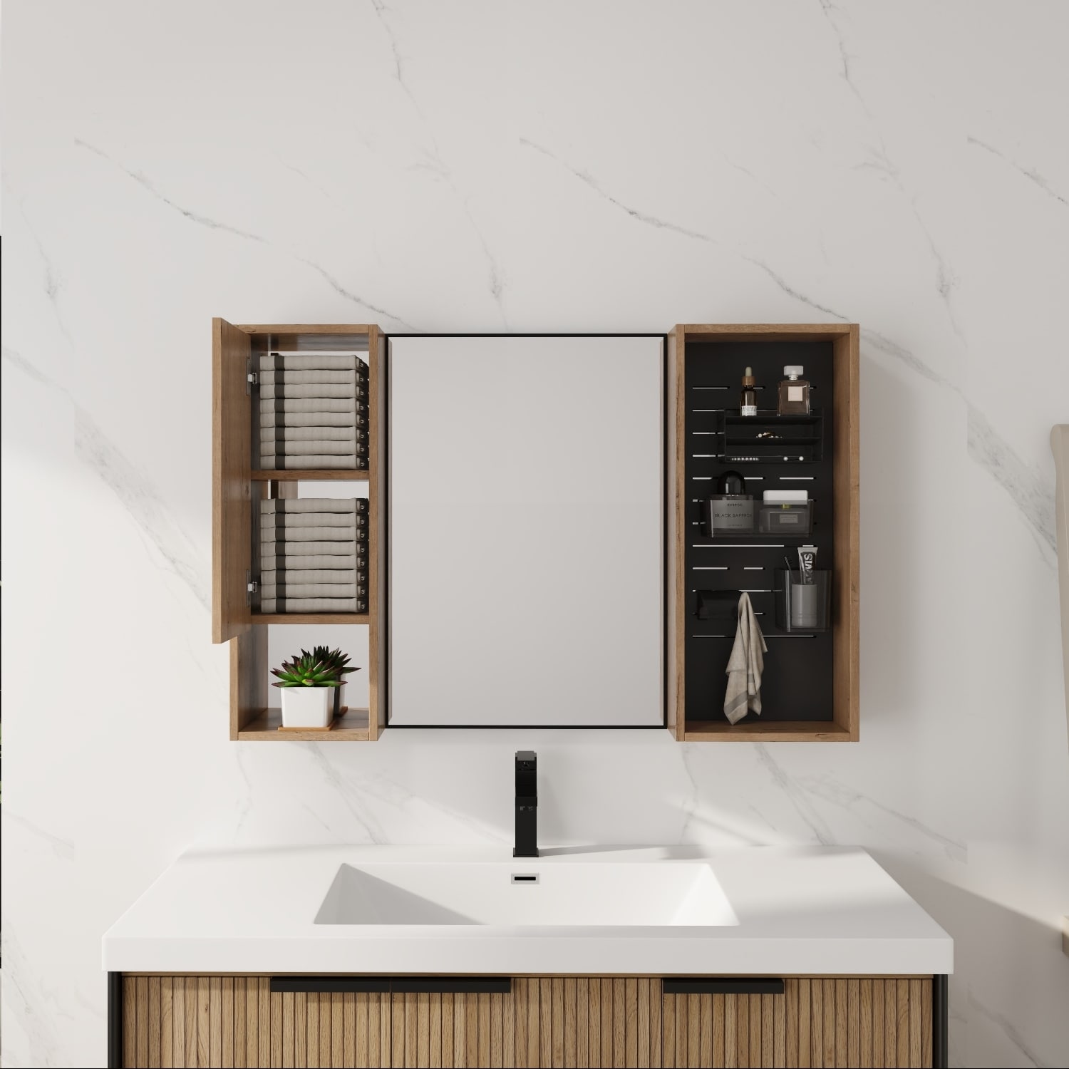 Lirago 41.31 in Wall Mount Bathroom Medicine Cabinet with Magnifying Makeup Mirror Adjustable Tempered Glass Shelves Grid Cosmetic Storage for Bathroom Vanity