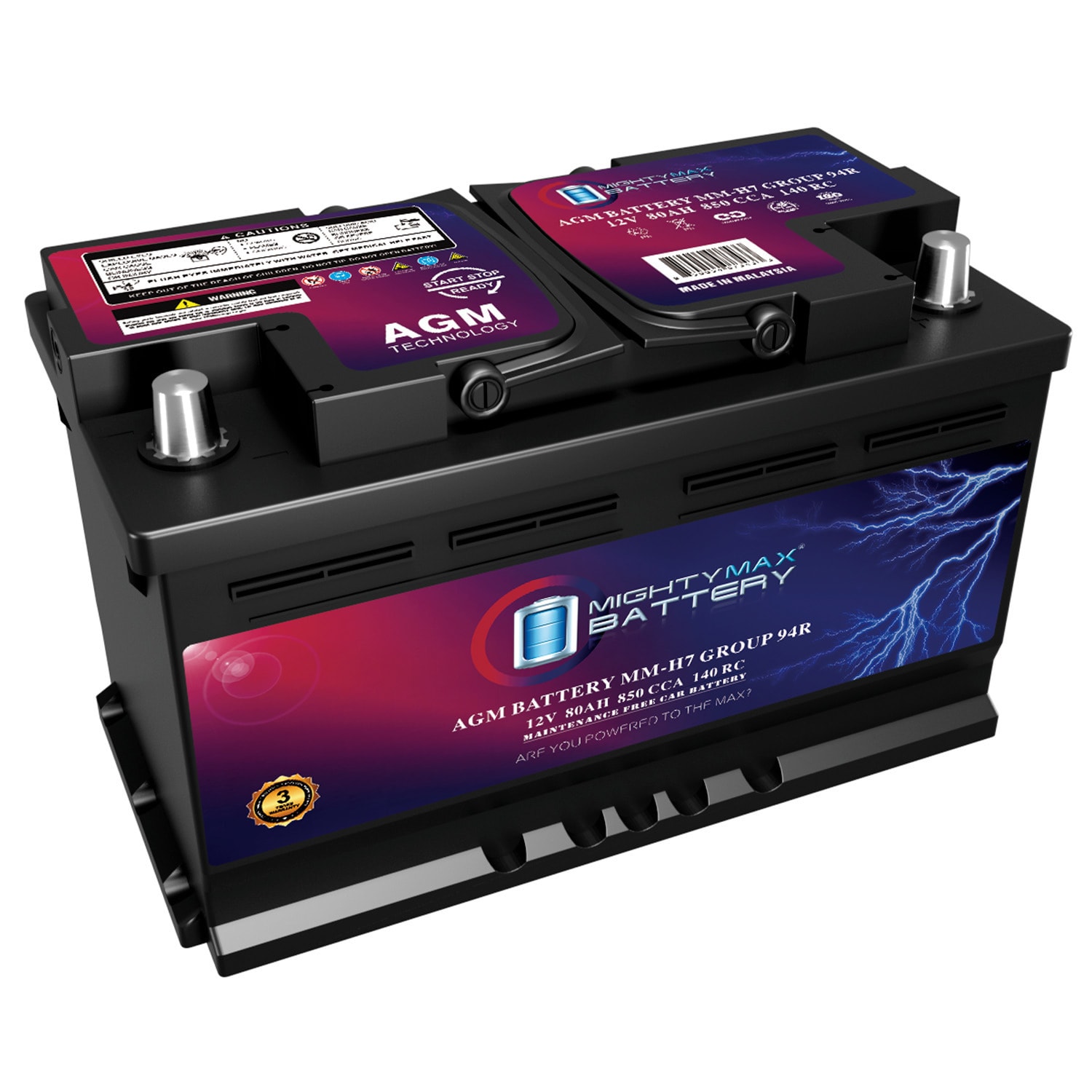 Mighty Max Battery MM-H7 Start and Stop Car BCI Group Size 94R 12V 80AH 140RC 850 CCA Rechargeable AGM Car Battery #MAX3926702
