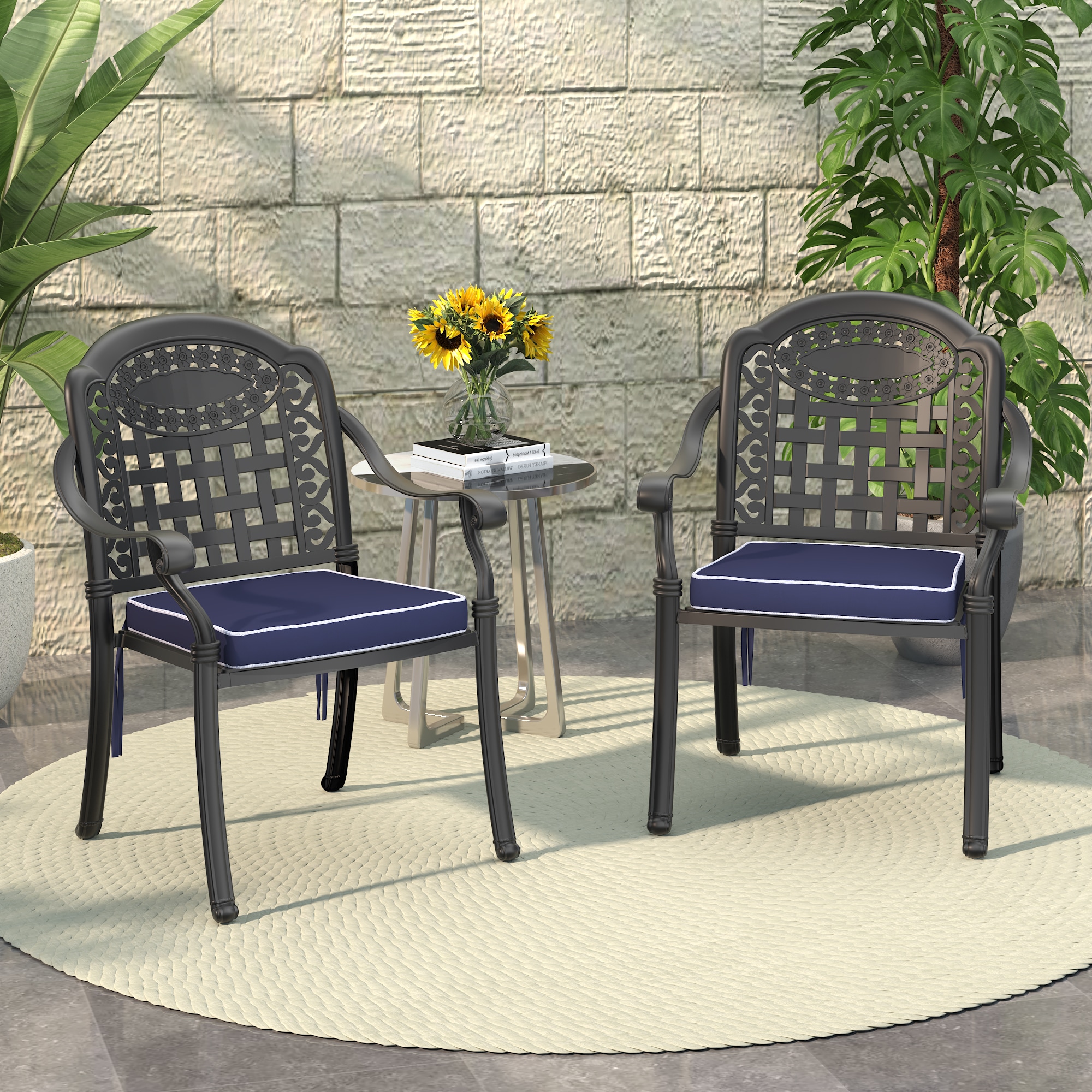nicesure SLBK6012CZ2 Dining Chairs Set of 2 Stackable Black Aluminum Frame Stationary Dining Chair with Blue Cushioned Seat