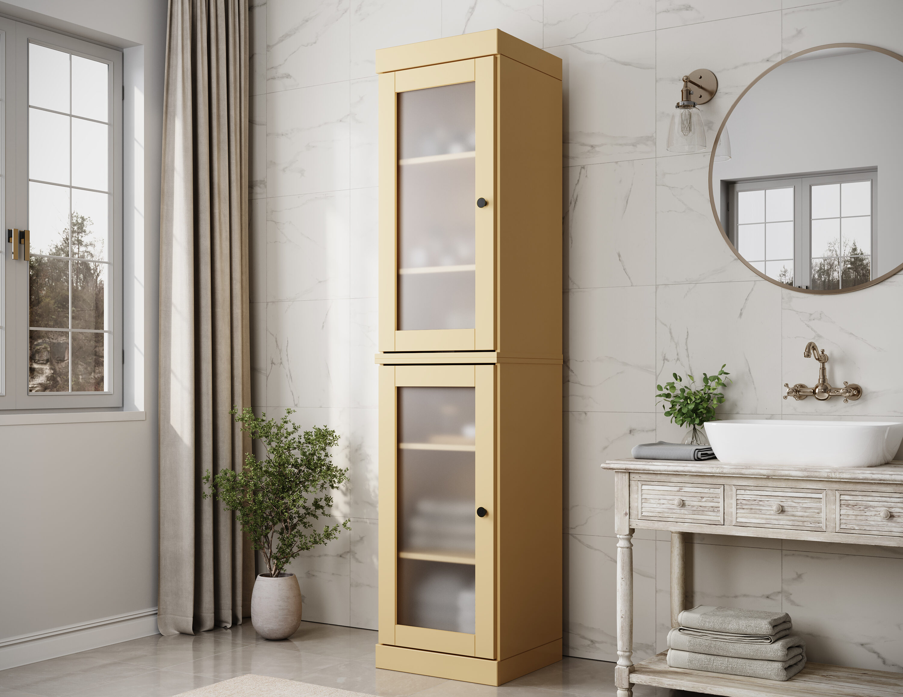 Palace Imports Solid Wood Tall Modular Narrow Frosted Glass Bathroom Linen Laundry Room Storage Cabinet