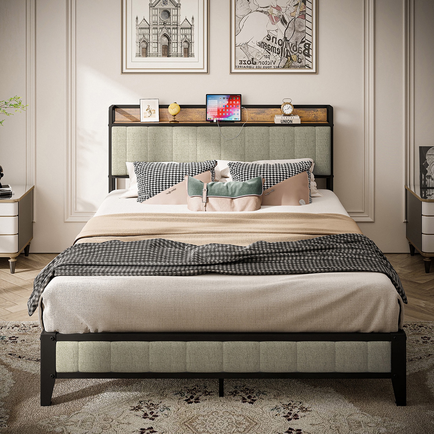 Sumyeg WF-JP182-121.030-MR Queen Size Bed Frame Light Gray Queen Metal Bed frame Bed