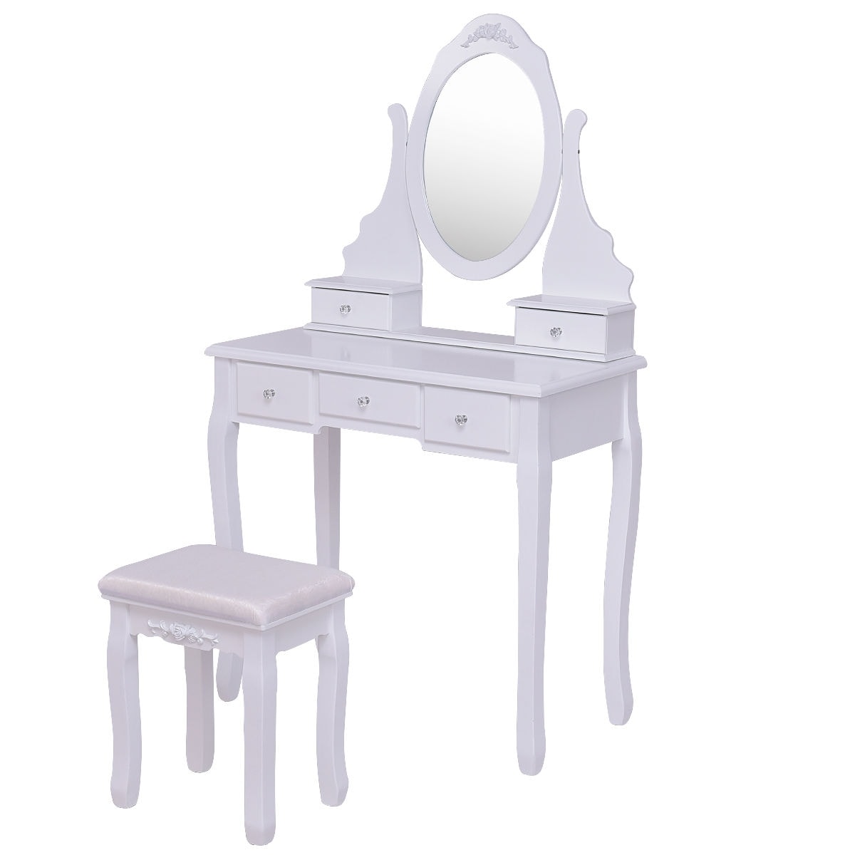 Slickblue D-CO-HW44066WH 31.3 in White/Black Makeup Vanity with Round Mirror and 5 Drawers for Bedroom or Dressing Room