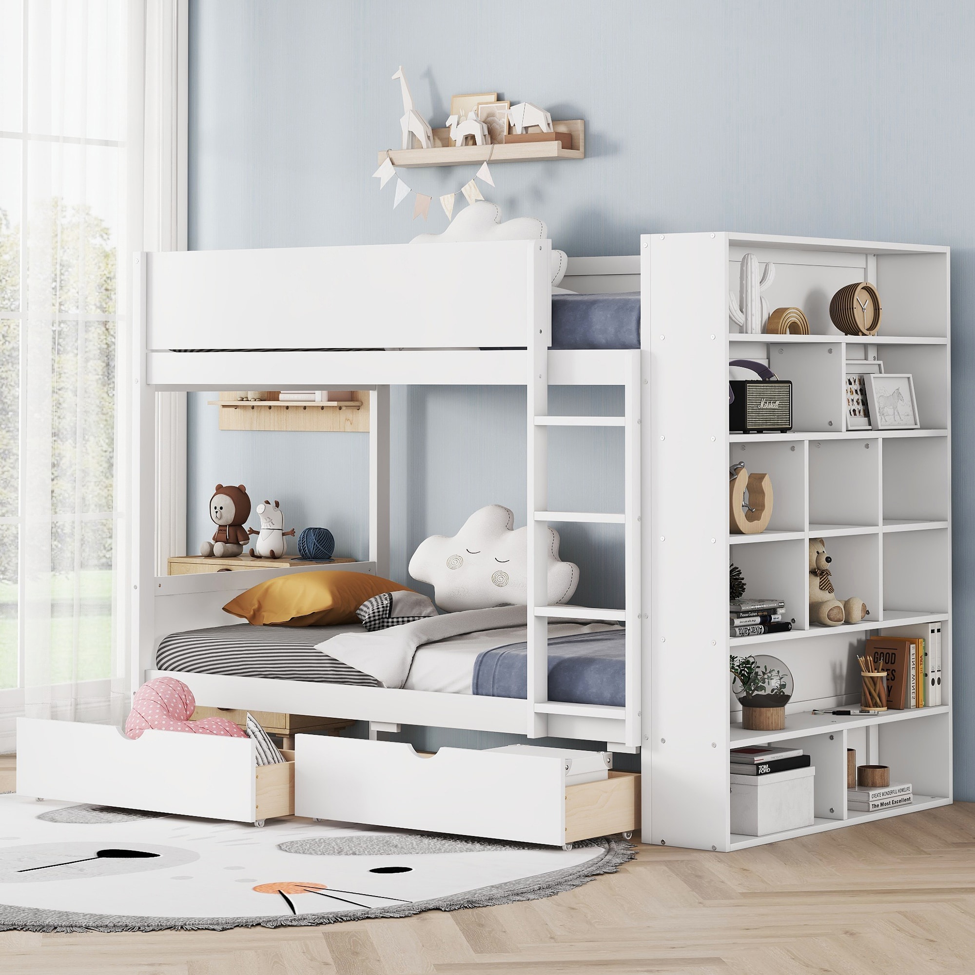 ModernLuxe LT000768AAK Twin over Twin Bunk Bed With 2 Drawers and Multilayer Cabinet White