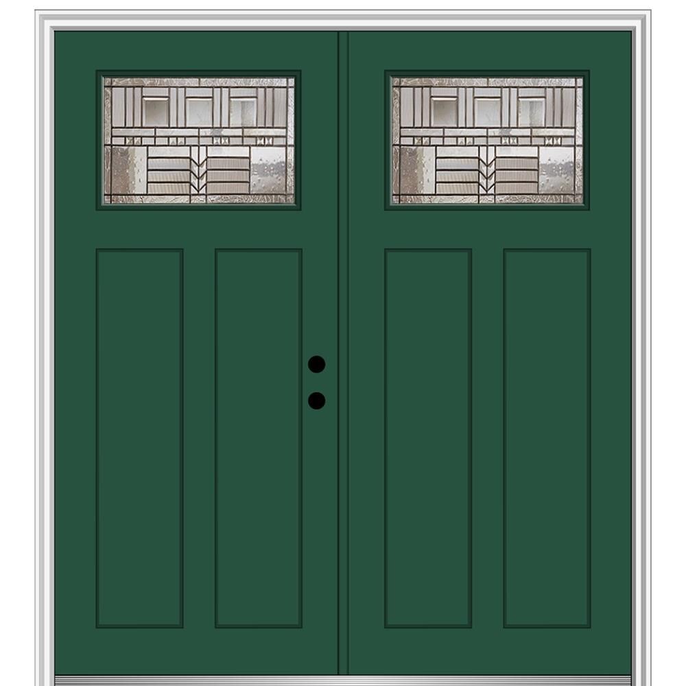 MMI DOOR ZZ3664974L 72-in x 80-in x 4-9/16-in Fiberglass Craftsman Left-hand inswing Hunter Green Painted Prehung Double Front Door with Brickmould Insulating core