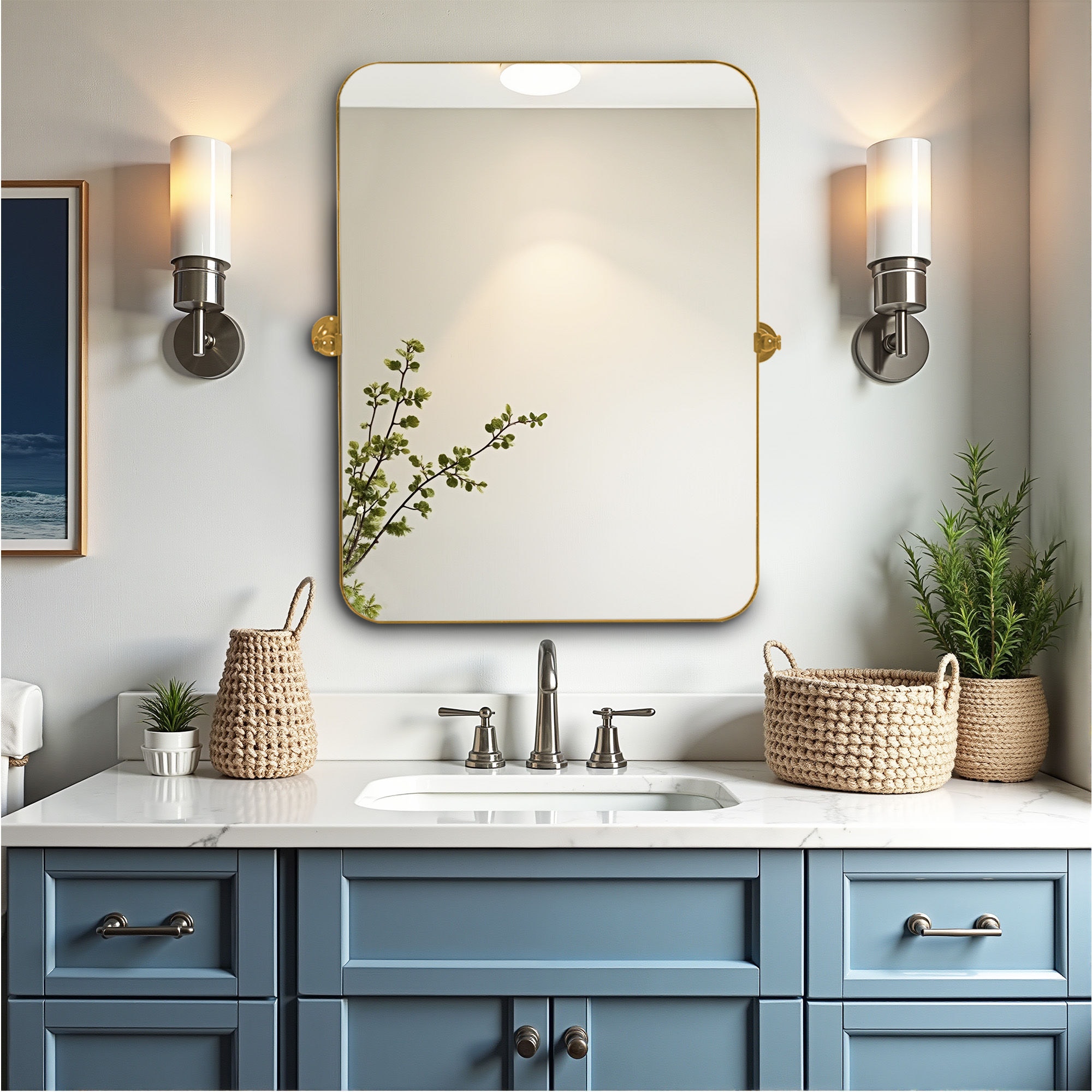 Wooakway 24 in. W X 36 in .H Gold Bathroom Mirror Modern Rectangle Dresser Mirror Rounded Metal Framed Adjustable Tilt Vanity Mirror for Wall Over Sink Farmhouse Restroom Decor