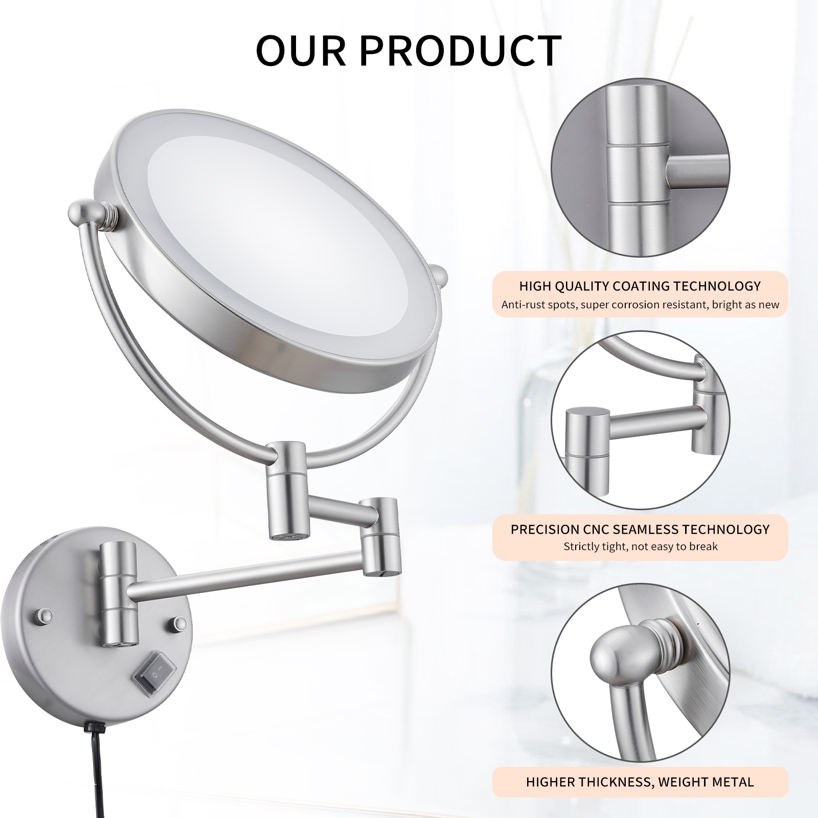 BWE A-9MML001-N 8-in x 8-in Brushed Chrome Double-Sided 10x Magnifying Fog Resistant Wall-mounted vanity mirror with Light