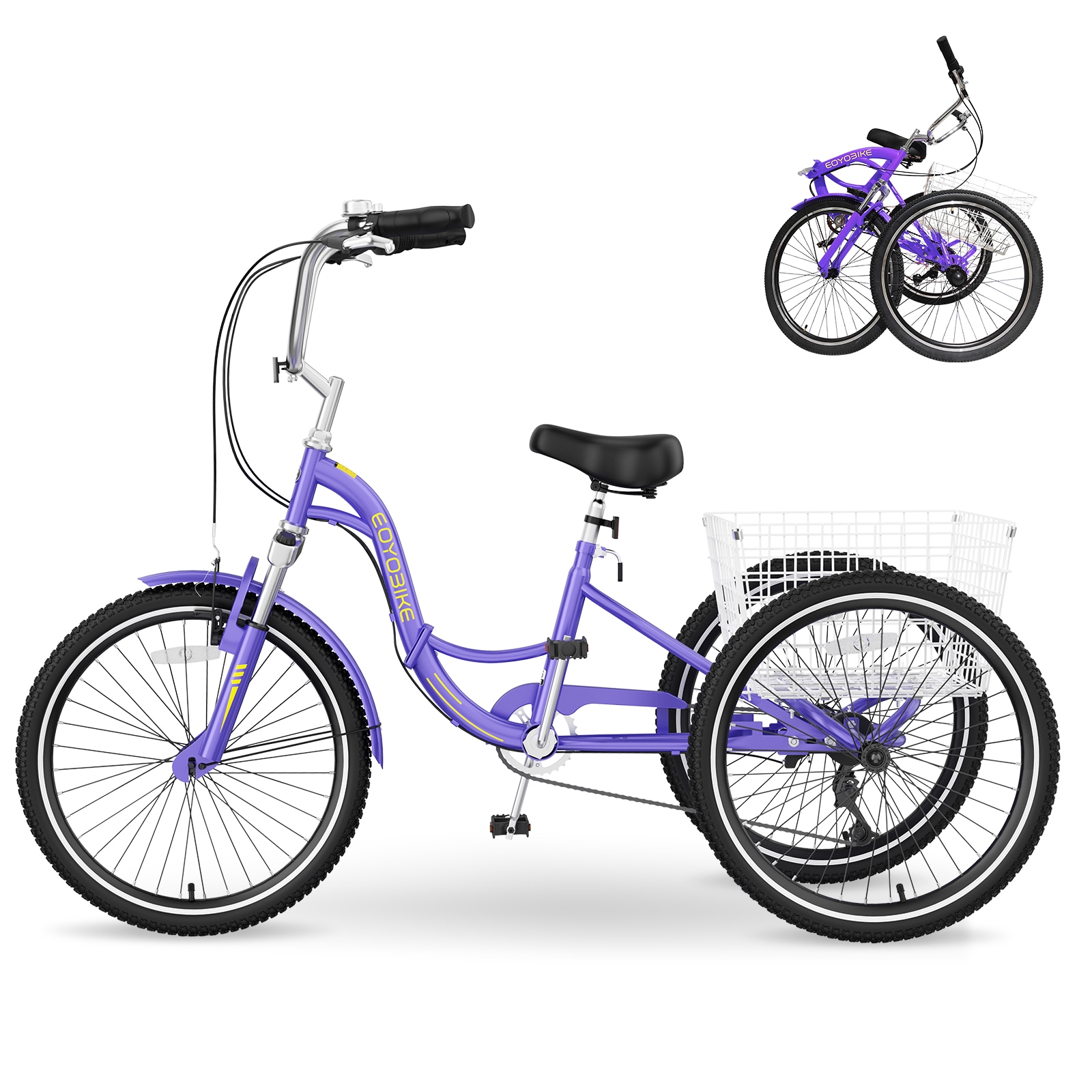 MOONCOOL  Adult Folding 7 Speed Tricycles 24 inch Trikes 3 Wheel Bikes with Low Step-Through Purple