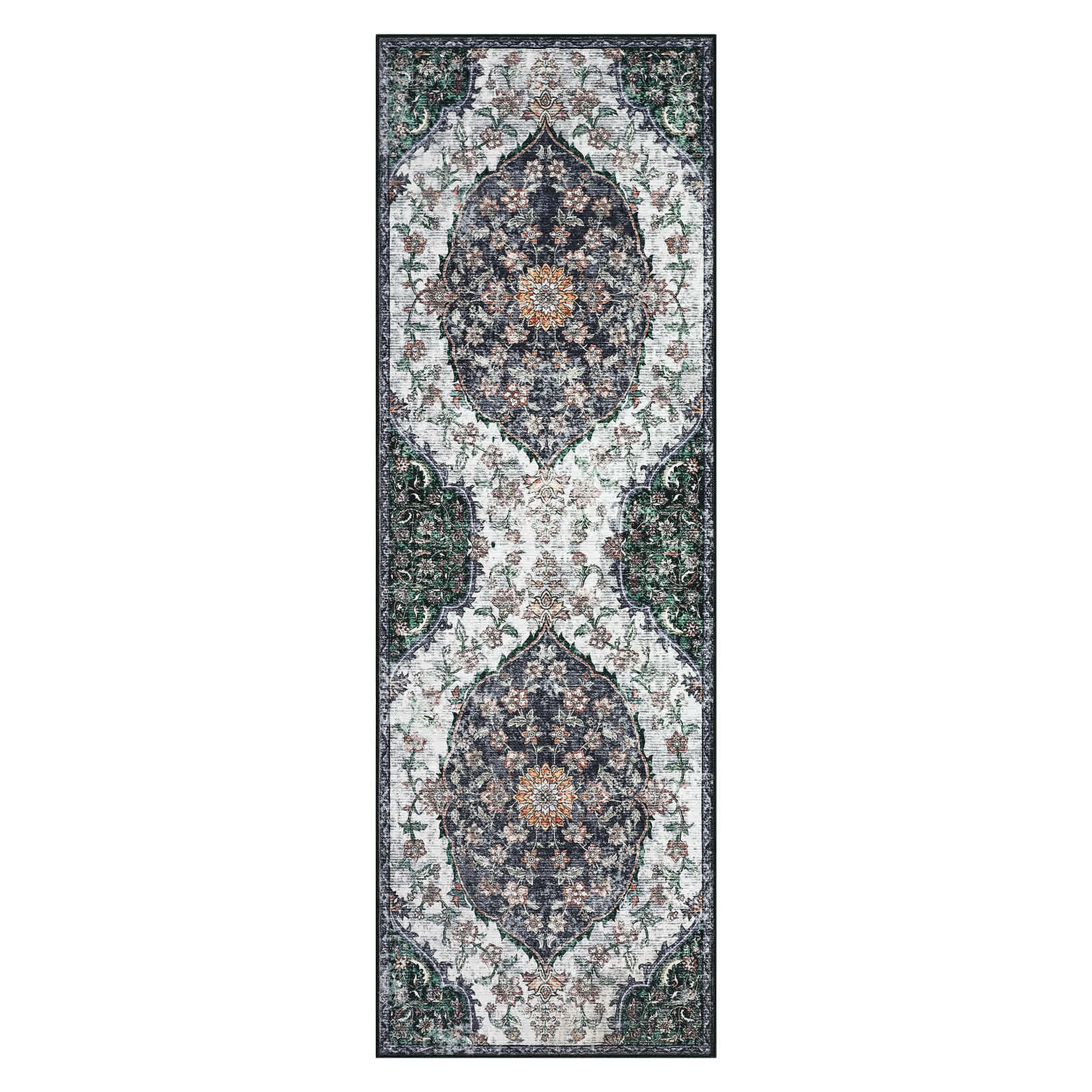 Qeetex LSN-PHK-33GLTCR8 2 x 6 ft Polyester Cashmere Imitation Black Rectangular Hallway Bathroom Entryway Kitchen Office Foldable Flower Printed Persian Washable Area Rug